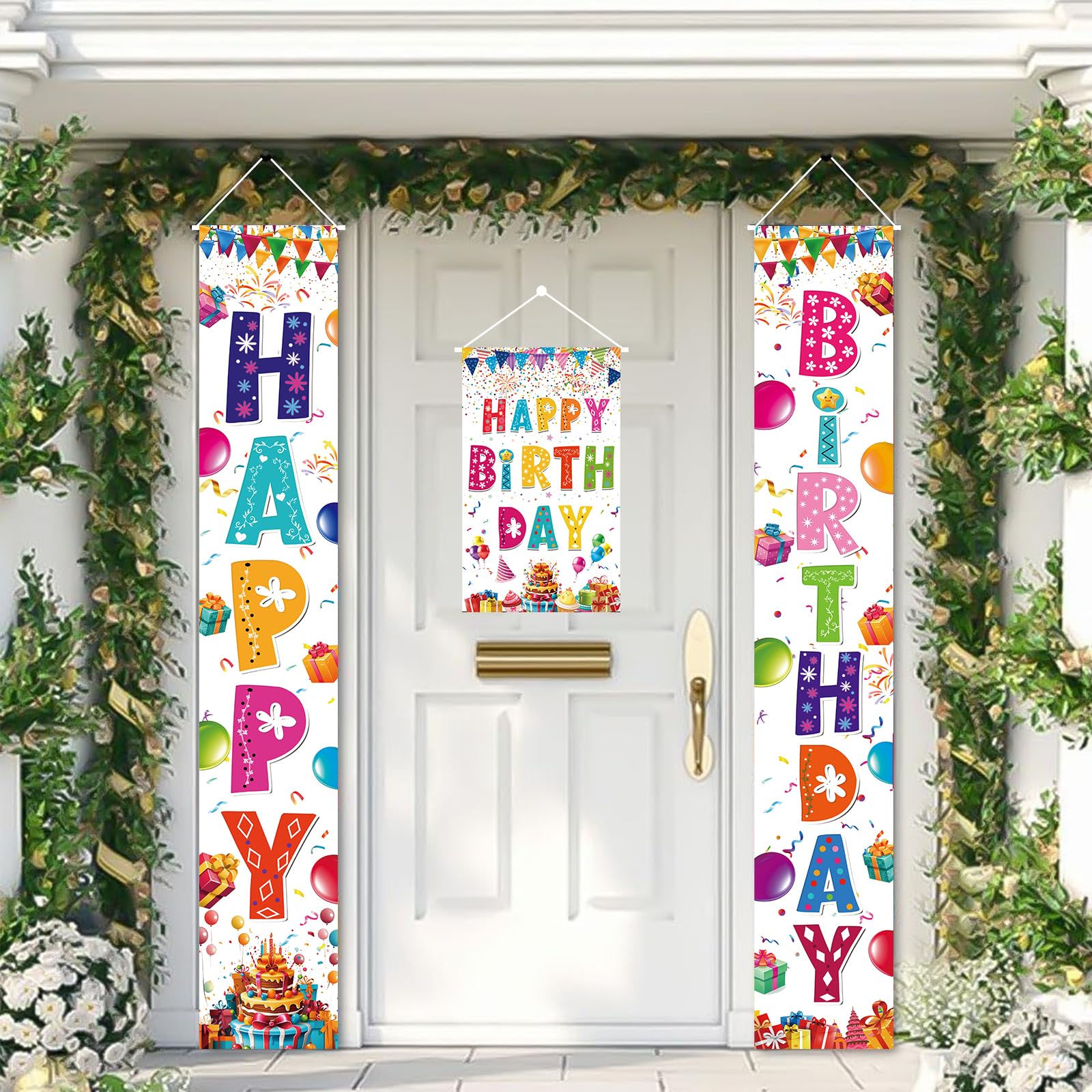 AiFaoobs 3 PCS Colorful Happy Birthday Banner Door Porch Sign Photography Black Background Party Supplies for Kids Boys Girls Birthday Party Supplies