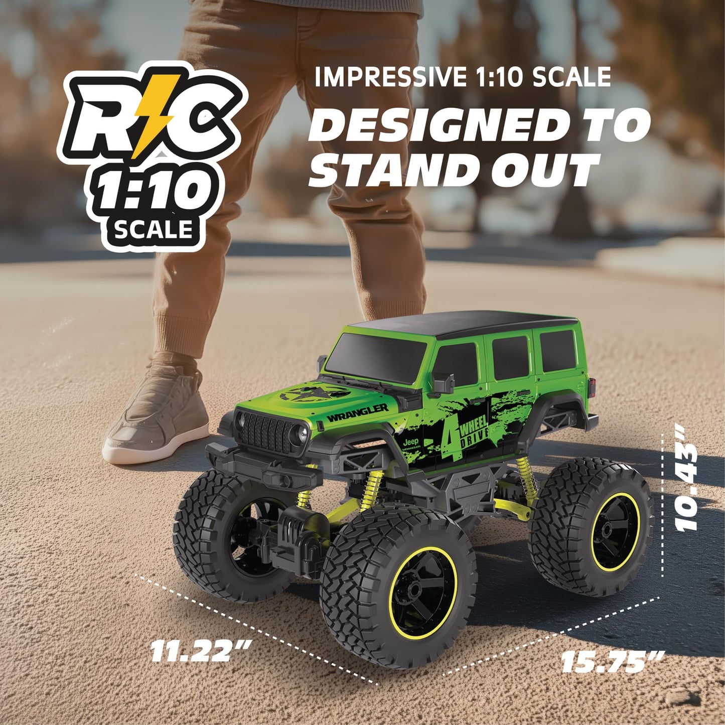 Motor Dayz 4WD Heavy Metal Remote Control Car Jeep Wrangler RC Truck Toy- 1:10 Scale, 4-Door, Stamped Metal Body, 2.4GHz Control, USB Rechargeable