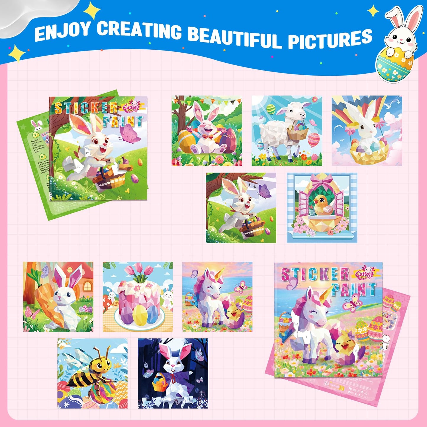 CutteeyFyry Paint by Number Sticker Book for Girls Kids - Road Trip & Airplane Activities Toys, Easter Basket Stuffers, Bunny Egg Unicorn, Birthday