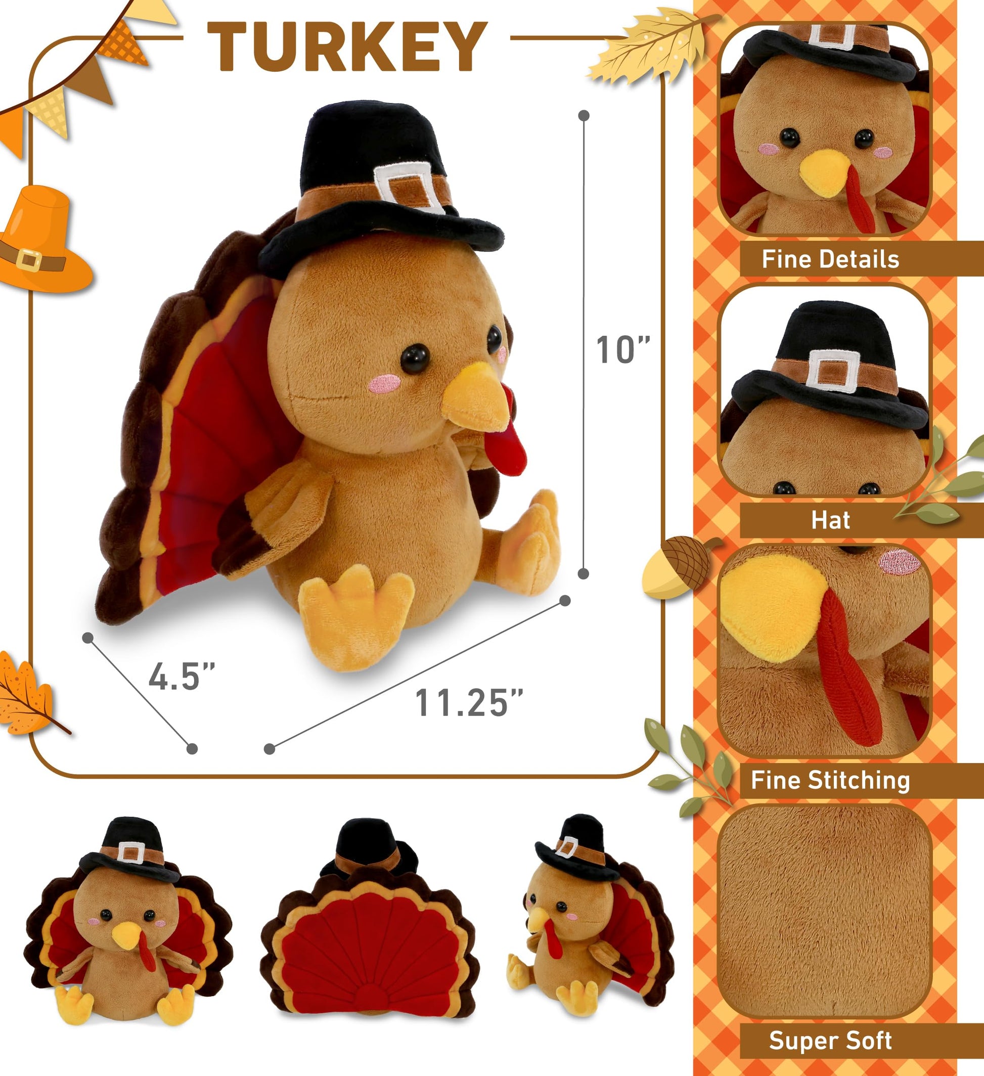 DolliBu Super Soft Pilgrim Turkey Stuffed Animal - Cute Thanksgiving Plush Toy to Give Thanks, Fall Harvest Decor Table Centerpiece - 10 Inches