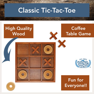 Wooden Tic Tac Toe Game - 9 Inch Solid Wood Board with X and O Pieces, Decorative Coffee Table Game, Classic Home Décor Accent