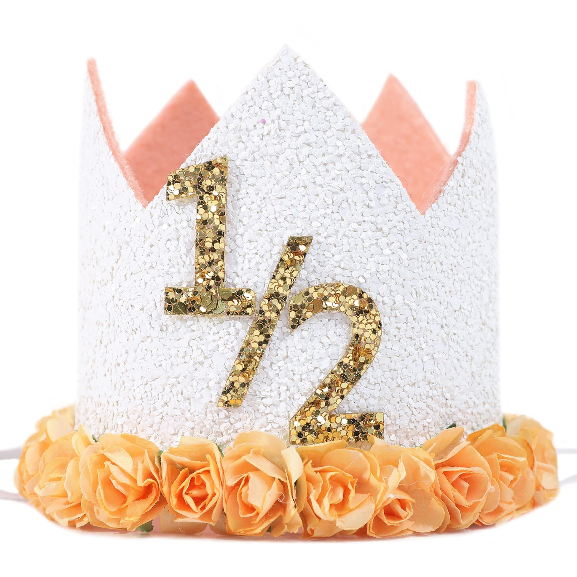 1/2 Birthday Flower Crown - 6 Months Party Hat, Cake Decor, Photography Prop for Boy/Girl in White