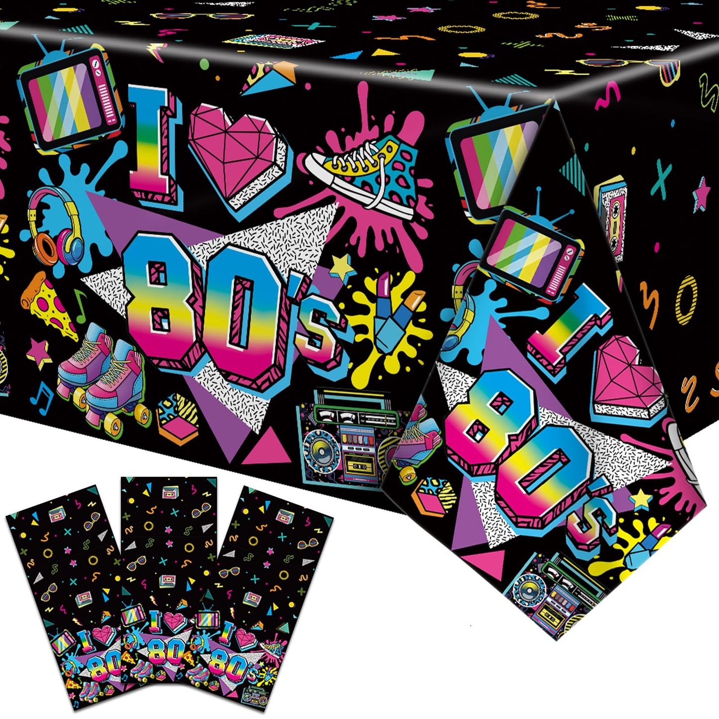 Jremreo 3 Pieces 54 x 108 Inches 80s Plastic Tablecloth, Disposable Rectangle Retro Party Table Covers, Neon Decorations for Birthday, Hip Hop