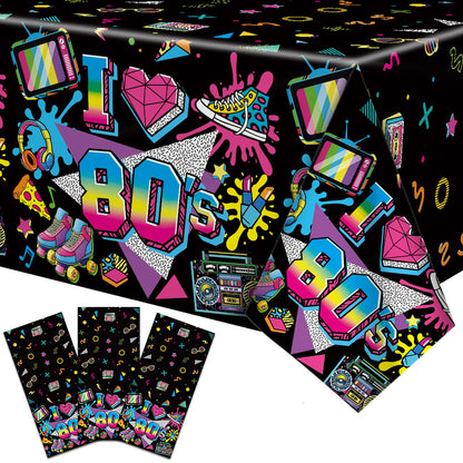 Jremreo 3 Pieces 54 x 108 Inches 80s Plastic Tablecloth, Disposable Rectangle Retro Party Table Covers, Neon Decorations for Birthday, Hip Hop
