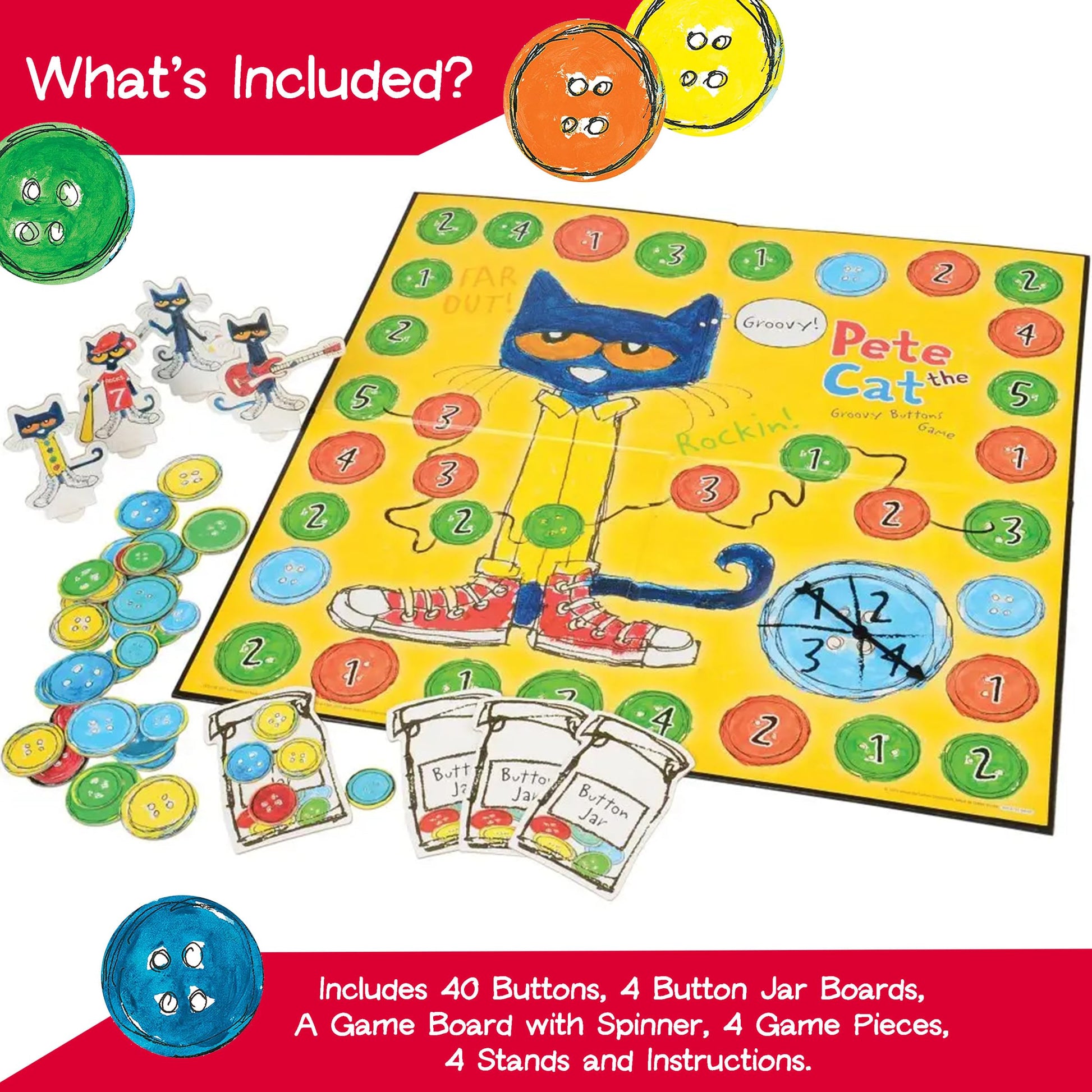Pete the Cat Groovy Buttons Game from Briarpatch, Collect Buttons and Fill Your Jar, For Ages 3 and Up and 2 to 4 Players