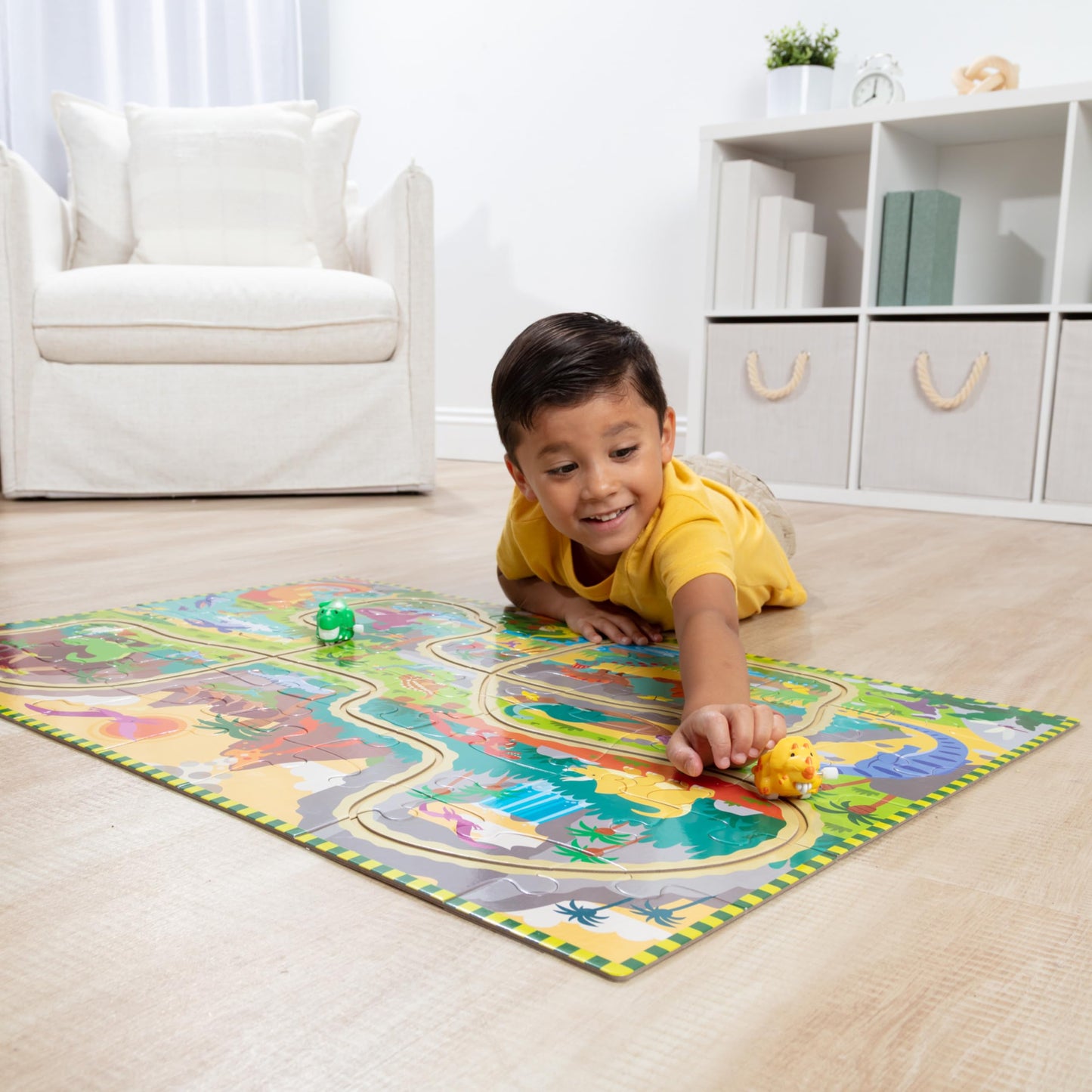 Melissa & Doug Dinosaur Adventure Tracks Cardboard Jigsaw Floor Puzzle and 2 Wind-Up Dinos - 48 Pieces, for Boys and Girls 3+