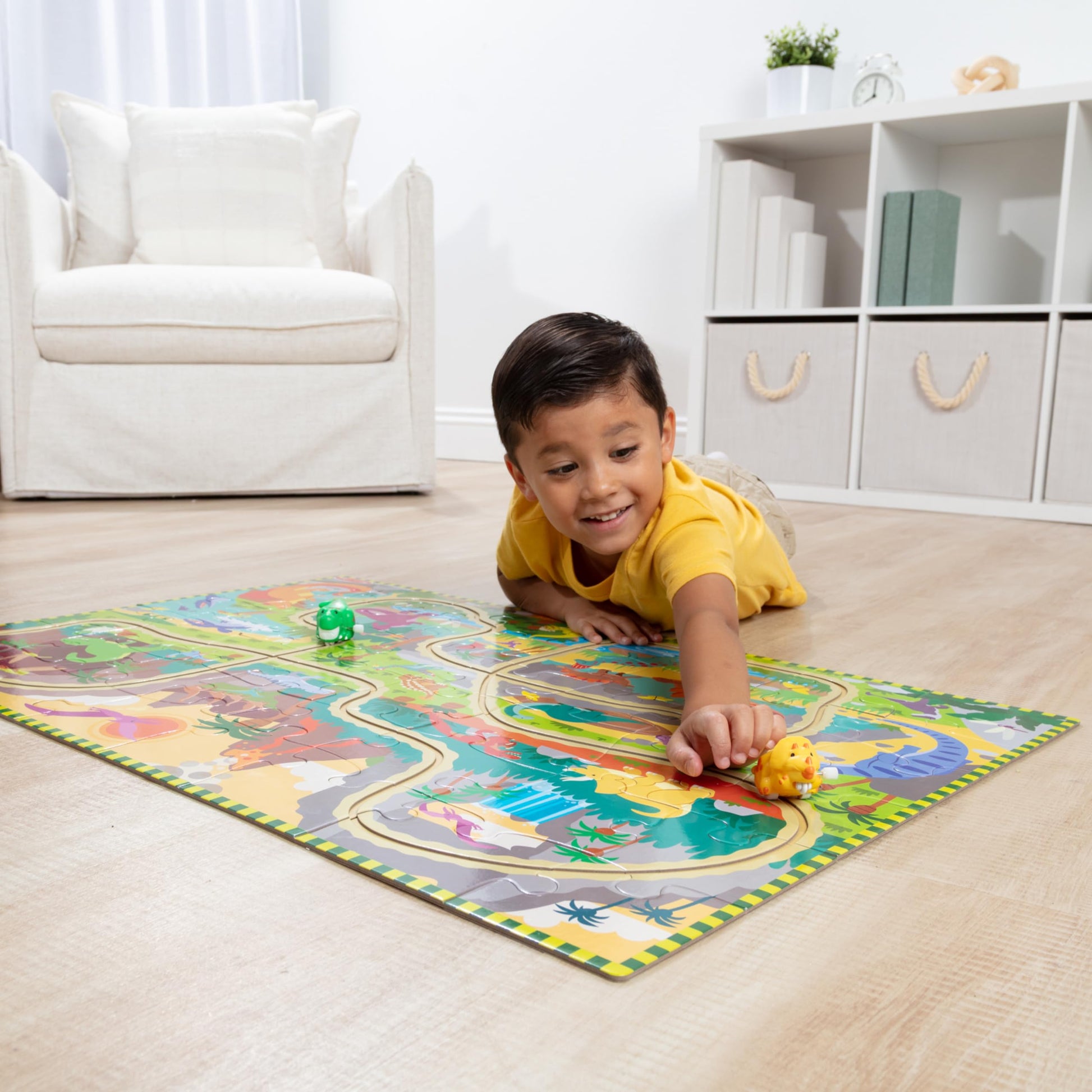 Melissa & Doug Dinosaur Adventure Tracks Cardboard Jigsaw Floor Puzzle and 2 Wind-Up Dinos - 48 Pieces, for Boys and Girls 3+