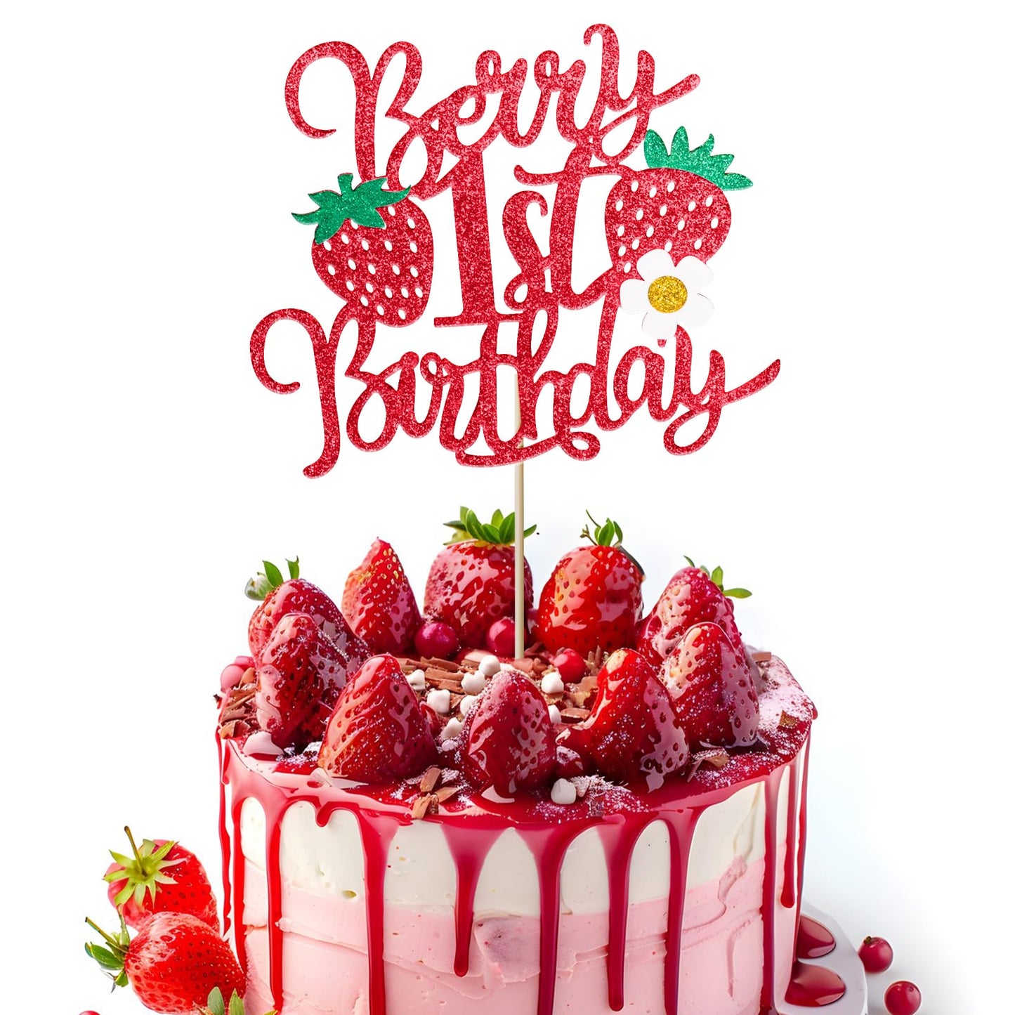 1pcs Berry 1st Birthday Cake Topper Flower Glitter Strawberry Theme 1st Birthday Cake Pick for Sweet Fruit Theme Baby Shower First Birthday Party Cake