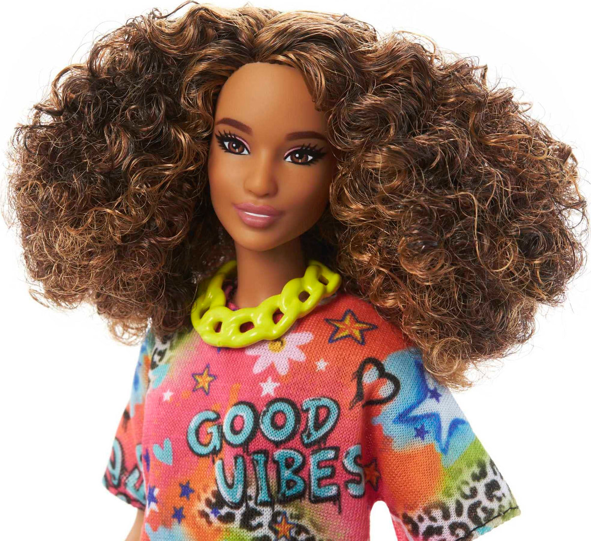 Barbie Fashionistas Doll #201, Athletic Body with Curly Brunette Hair, Graffiti-Print Dress & Accessories Including Boots & Chain Necklace