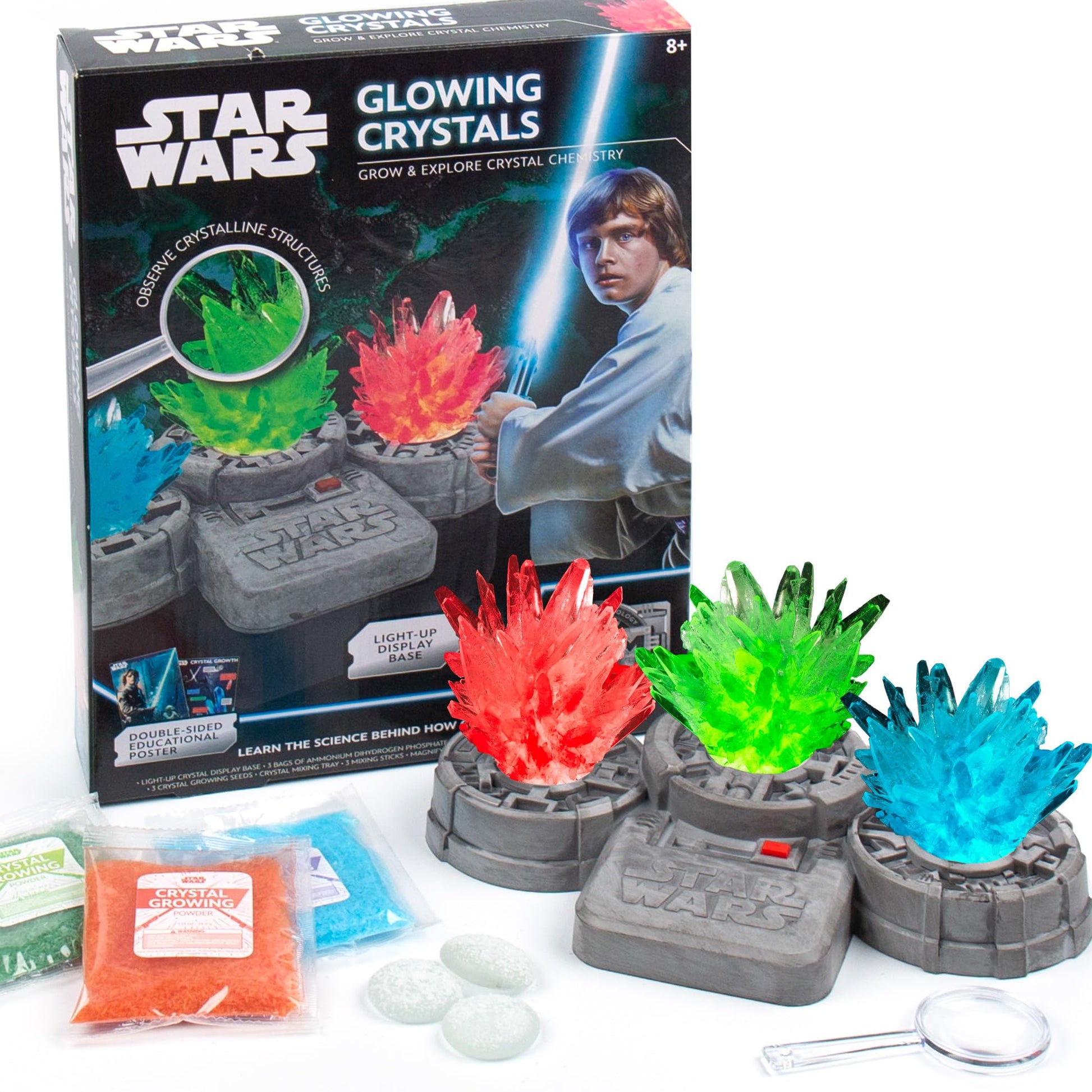 STAR WARS Glowing Crystals, Crystal Growing Kit with Light Up Display Stand, Grow 3 Colorful Crystals, Gift for 8 Year Old Boy, Merch, Toys for Boys