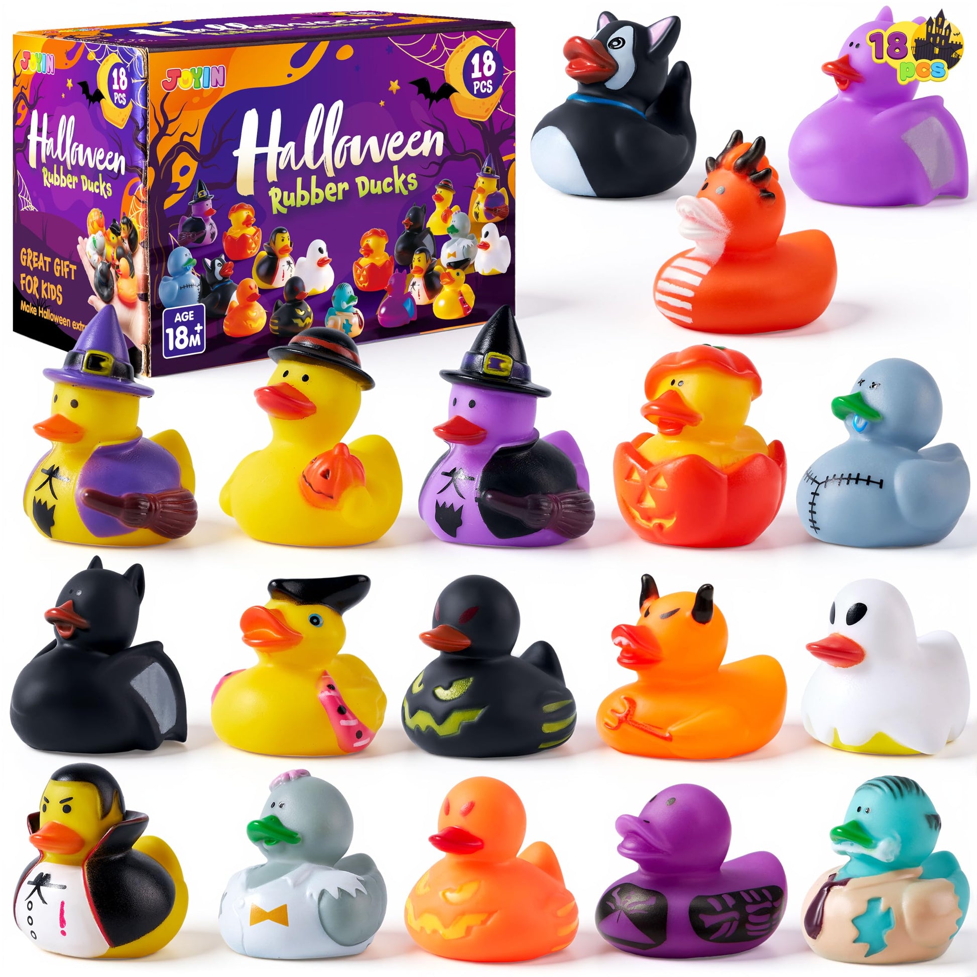 JOYIN 18 PCS Halloween Rubber Ducks, Halloween Ducks for Halloween Goodie Bag Fillers, Rubber Duckies Baby Bath Toys for Halloween Party Favors