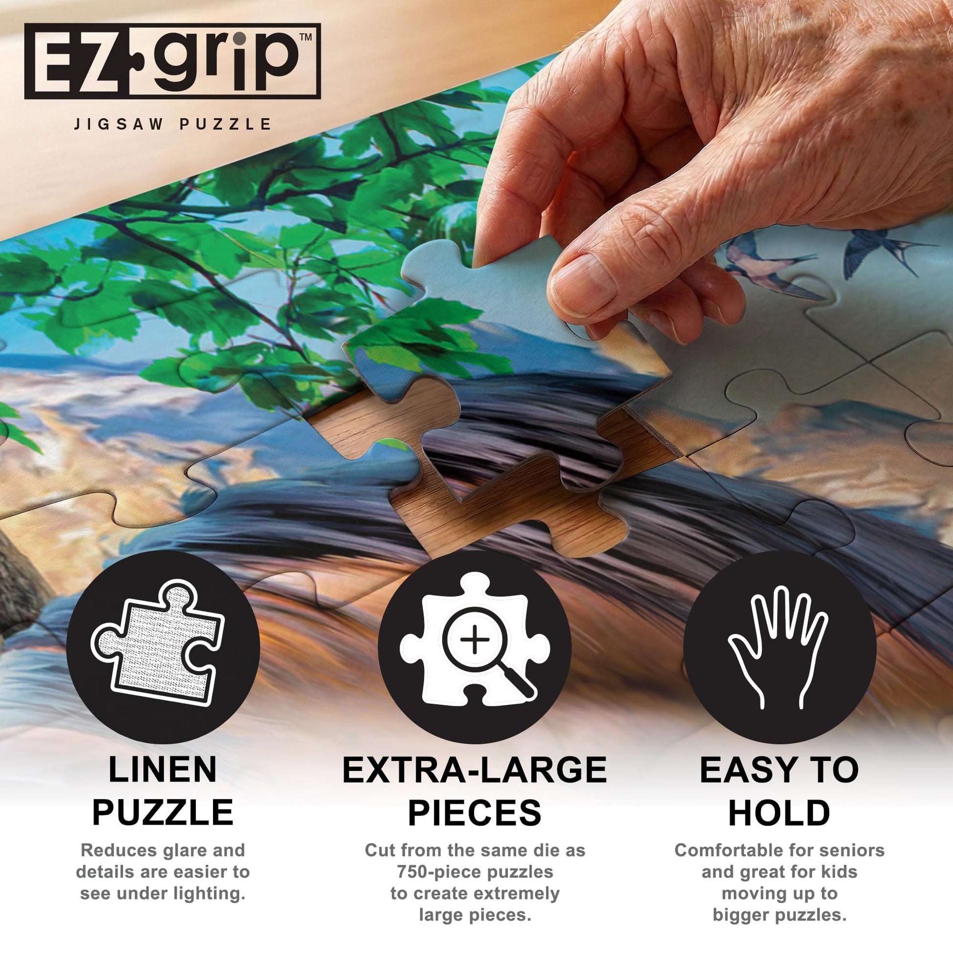 MasterPieces - 300 Piece Jigsaw Puzzle, Large EZ Grip Shapes, Mountain Meadow Farm, Fun for Adults, Seniors, Family, Kids, Matte Finish, 18" x24