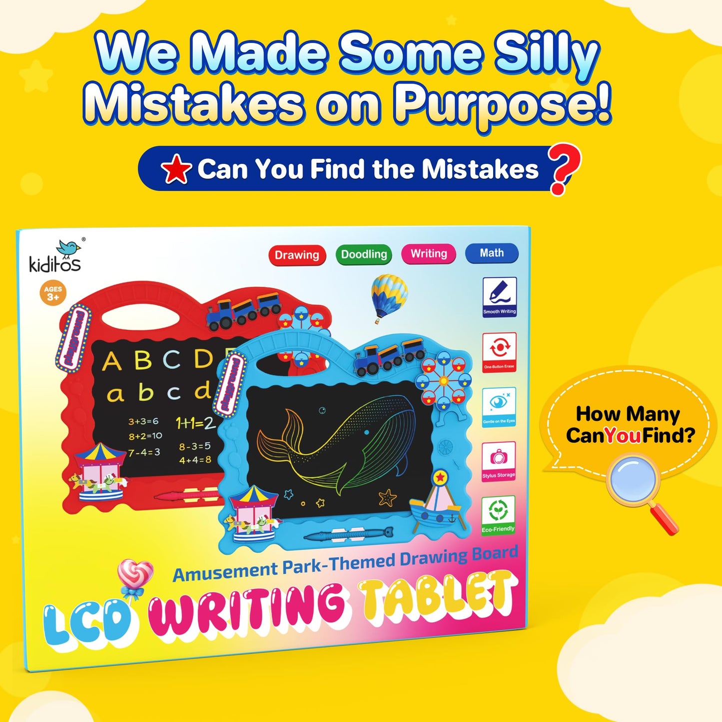 Kiditos LCD Writing Tablet for Kids, 11 Inch Colorful Doodle Board and Drawing Pad for Kids Ages 3-12, Reusable Mess-Free Educational Learning Toy