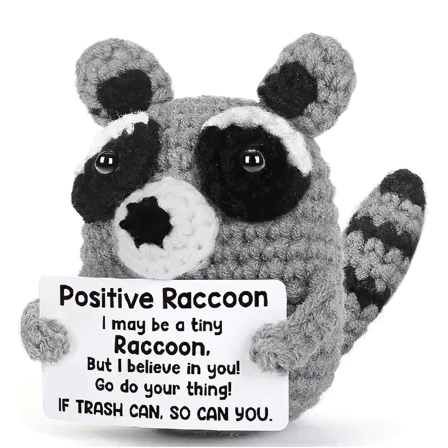 Beciway Mini Crochet Raccoon Keepsake with Supportive Card - Funny Knitted Pocket Hug, Positive Gift for Birthday, Father’s Day, Teacher, Mom