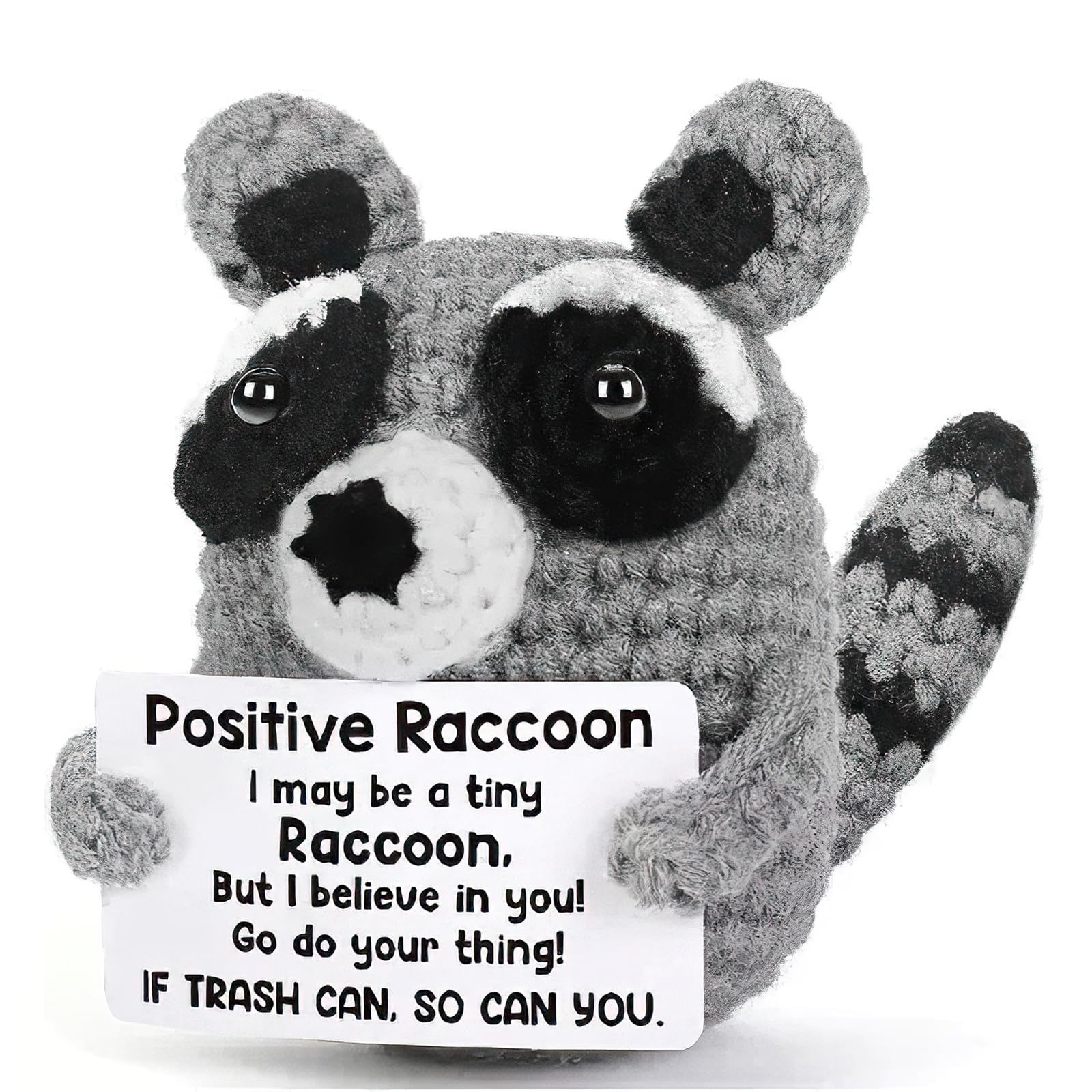 Beciway Mini Crochet Raccoon Keepsake with Supportive Card - Funny Knitted Pocket Hug, Positive Gift for Birthday, Father’s Day, Teacher, Mom