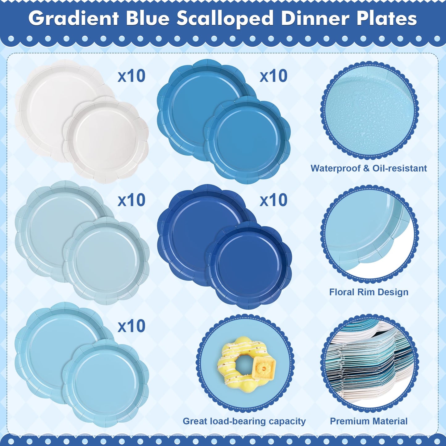 ZUQMZUQ 350 Pcs Blue Party Supplies Set - Blue Paper Plates and Napkins Set Include Gradient Blue Scalloped Paper Plate Napkin Cup Spoon Fork Knife