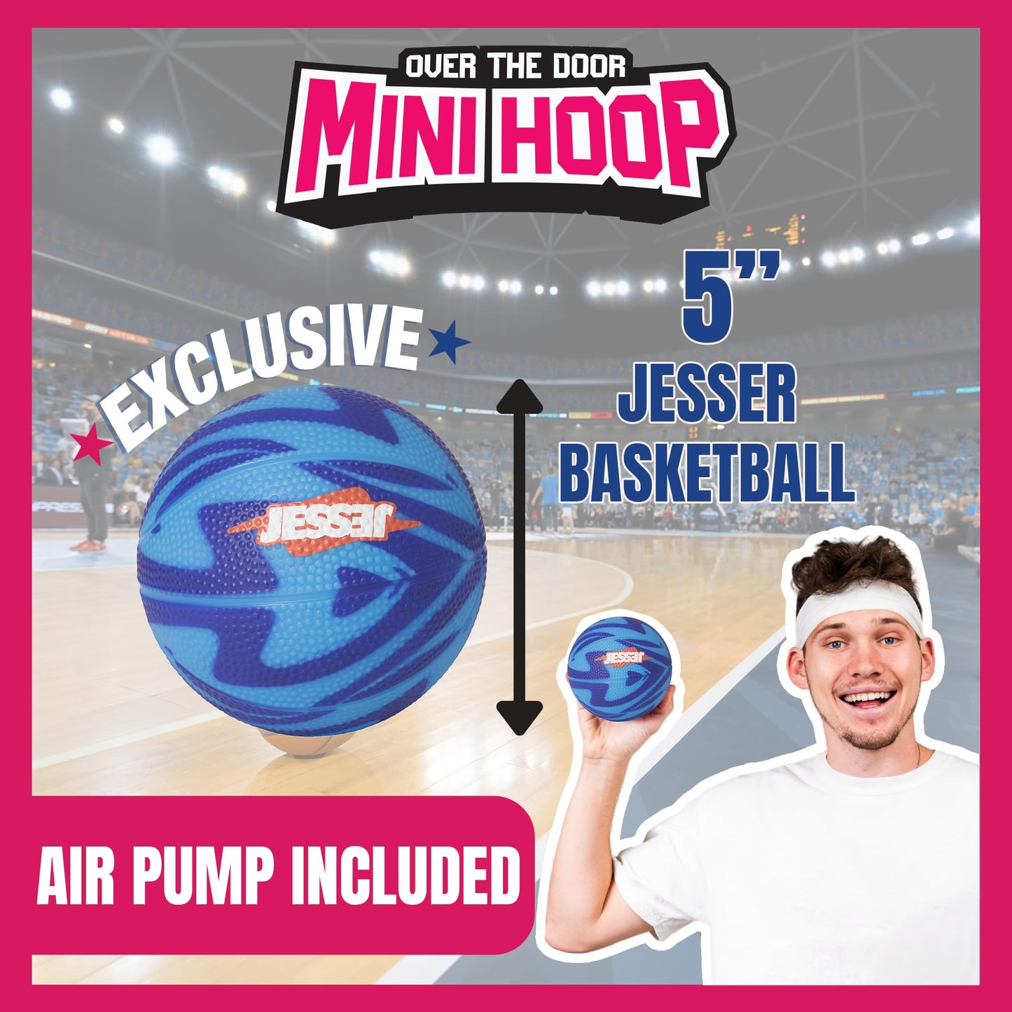 Jesser Hoop Over The Door Mini Basketball Hoop - 2 Gameplay Modes: Shot Clock or Score Keeping, 5" Exclusive Ball, Electric LED Scoring, Net, Air Pump