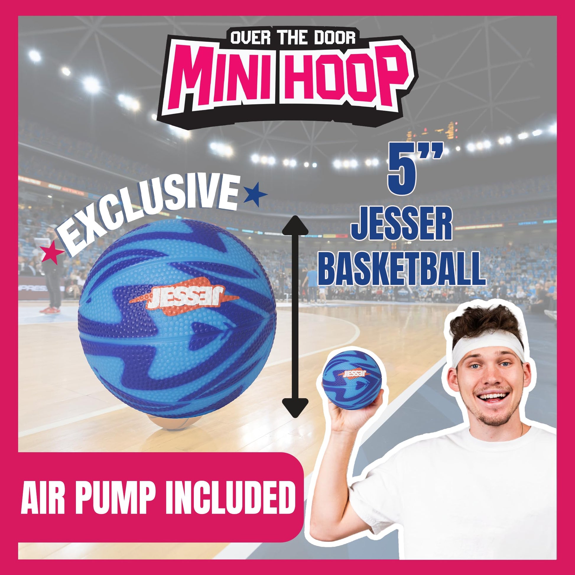 Jesser Hoop Over The Door Mini Basketball Hoop - 2 Gameplay Modes: Shot Clock or Score Keeping, 5" Exclusive Ball, Electric LED Scoring, Net, Air Pump