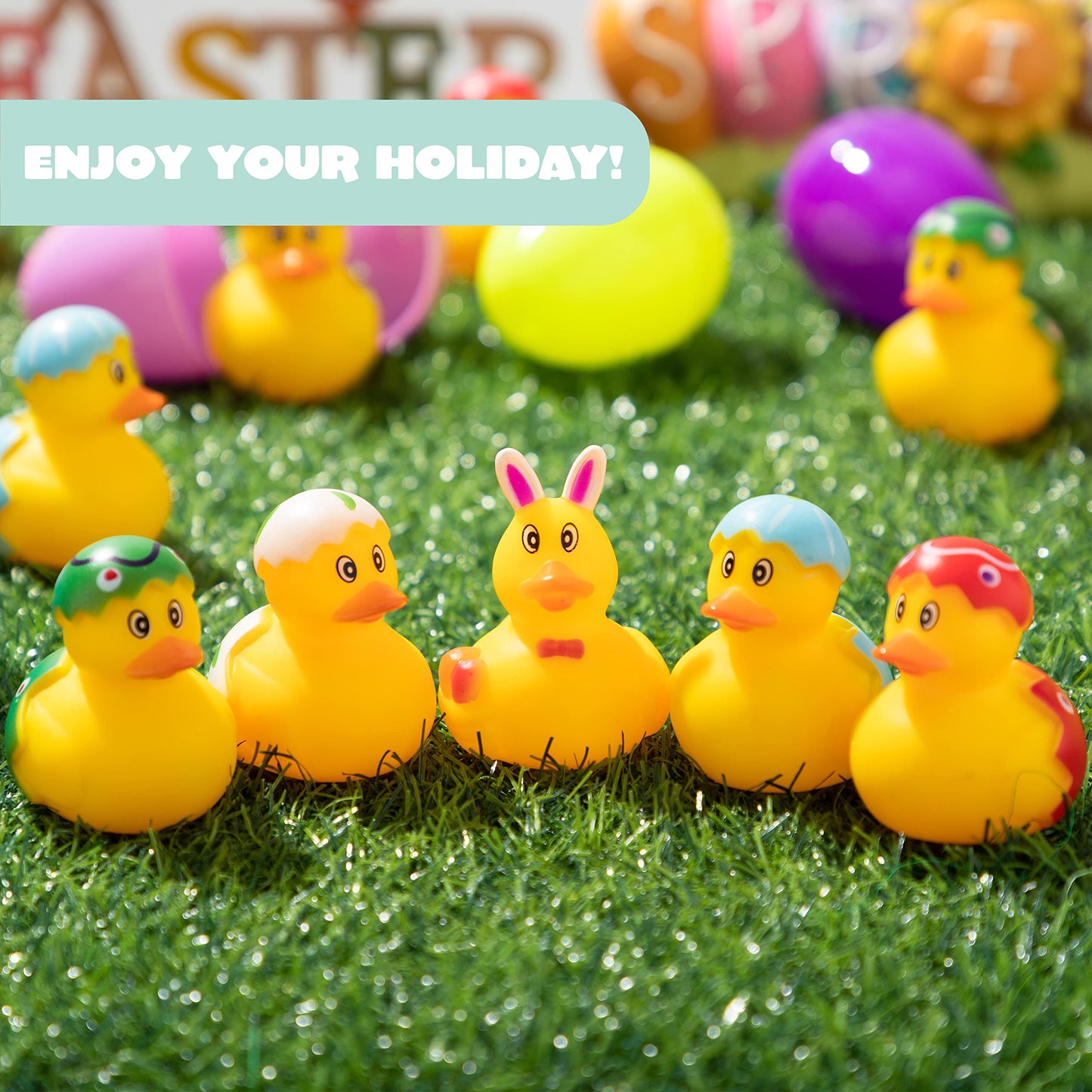 JOYIN 12 Pcs Filled Easter Eggs with Rubber Duck and Rabbit Duckies, Bright Colorful Prefilled Easter Eggs for Kids Fun Bath Toys, Basket Stuffers