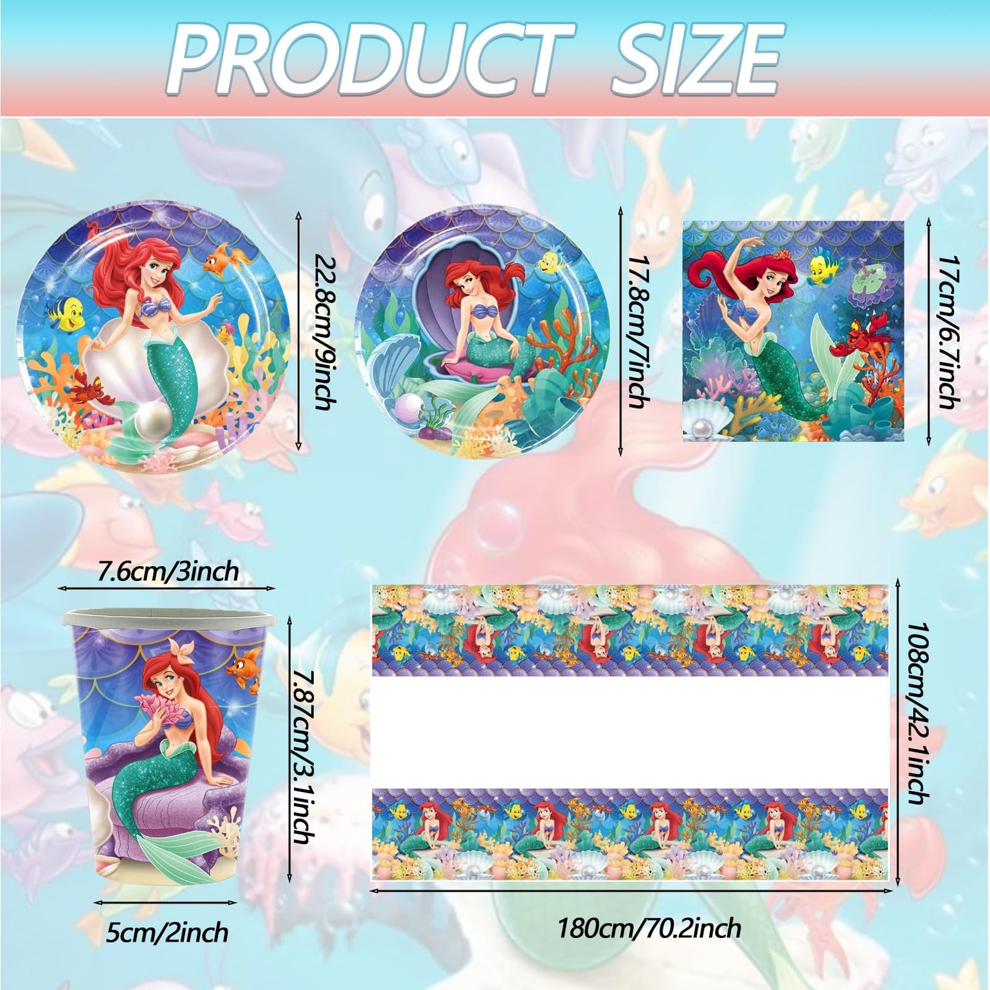 111PCS Disne Ariel Party Kit! Enchanting set with vibrant tableware & dreamy tablecloth, for a magical undersea kids' birthday.