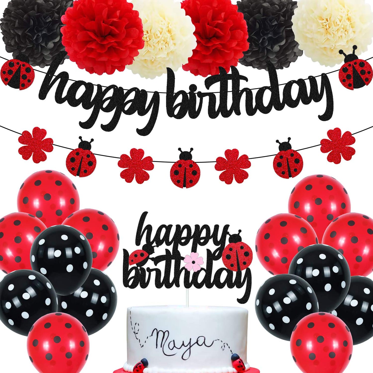 Ohiviaaa Ladybug Birthday Decorations Ladybird Happy Birthday Banner Ladybeetle Cake Topper Black Red Latex Balloon Pom Pom Flowers for Ladybug Theme