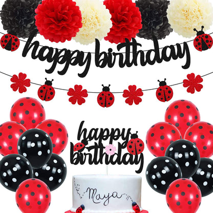 Ohiviaaa Ladybug Birthday Decorations Ladybird Happy Birthday Banner Ladybeetle Cake Topper Black Red Latex Balloon Pom Pom Flowers for Ladybug Theme