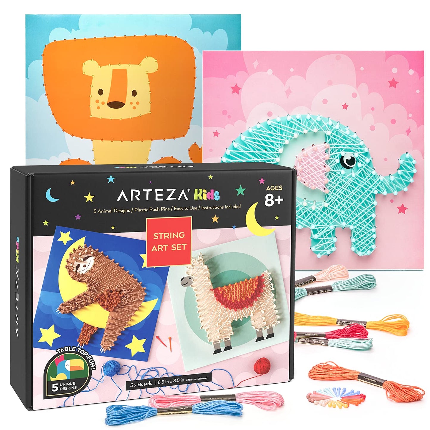 Arteza Kids String Art Kit - Set of 5 Animal Designs with Plastic Pushpins & Display Stands, DIY Craft Kit for Kids Art Projects and Activities