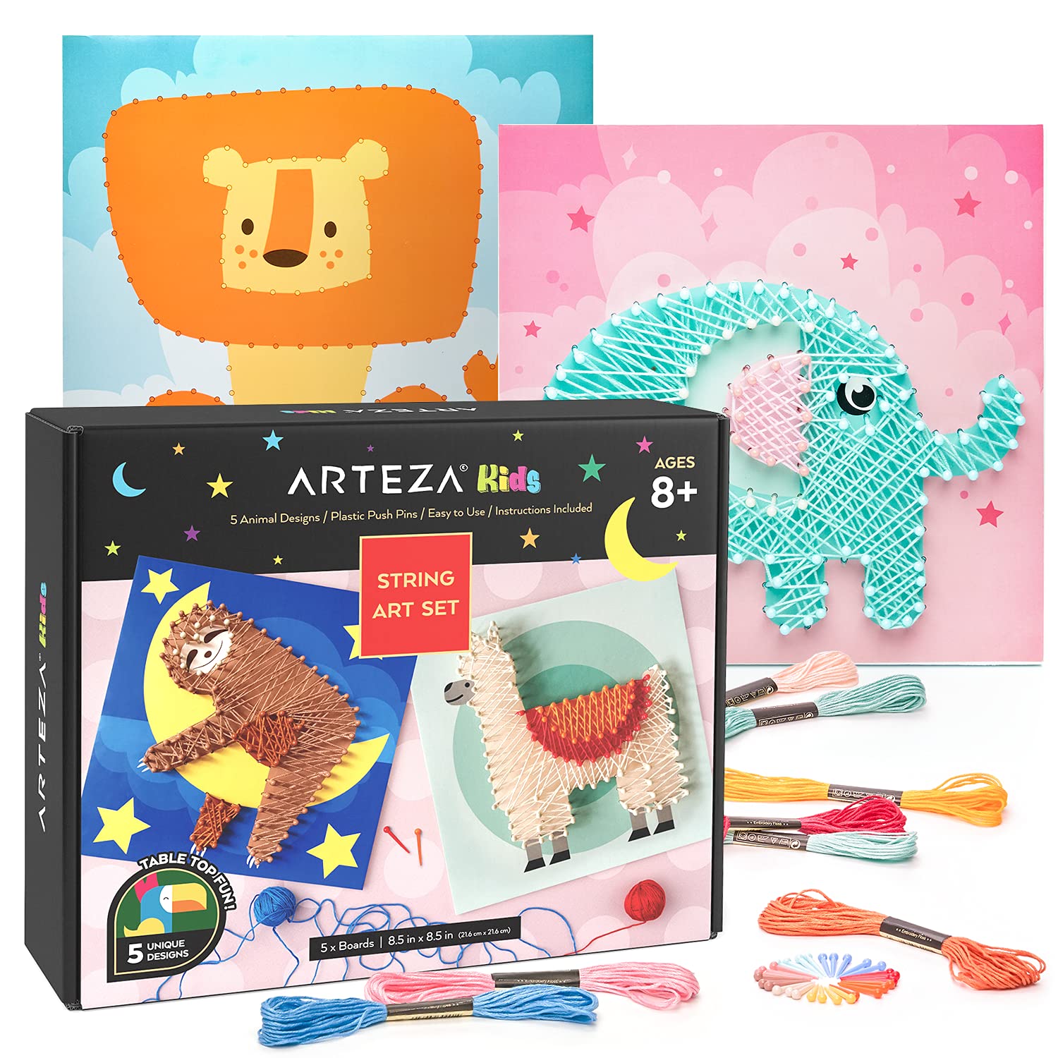 Arteza Kids String Art Kit - Set of 5 Animal Designs with Plastic Pushpins & Display Stands, DIY Craft Kit for Kids Art Projects and Activities