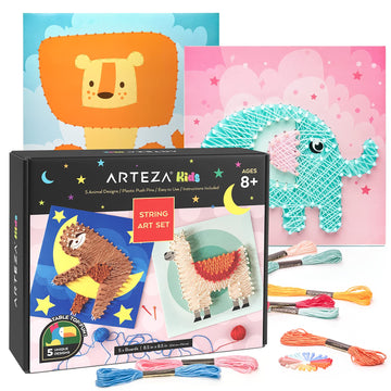 Arteza Kids String Art Kit - Set of 5 Animal Designs with Plastic Pushpins & Display Stands, DIY Craft Kit for Kids Art Projects and Activities