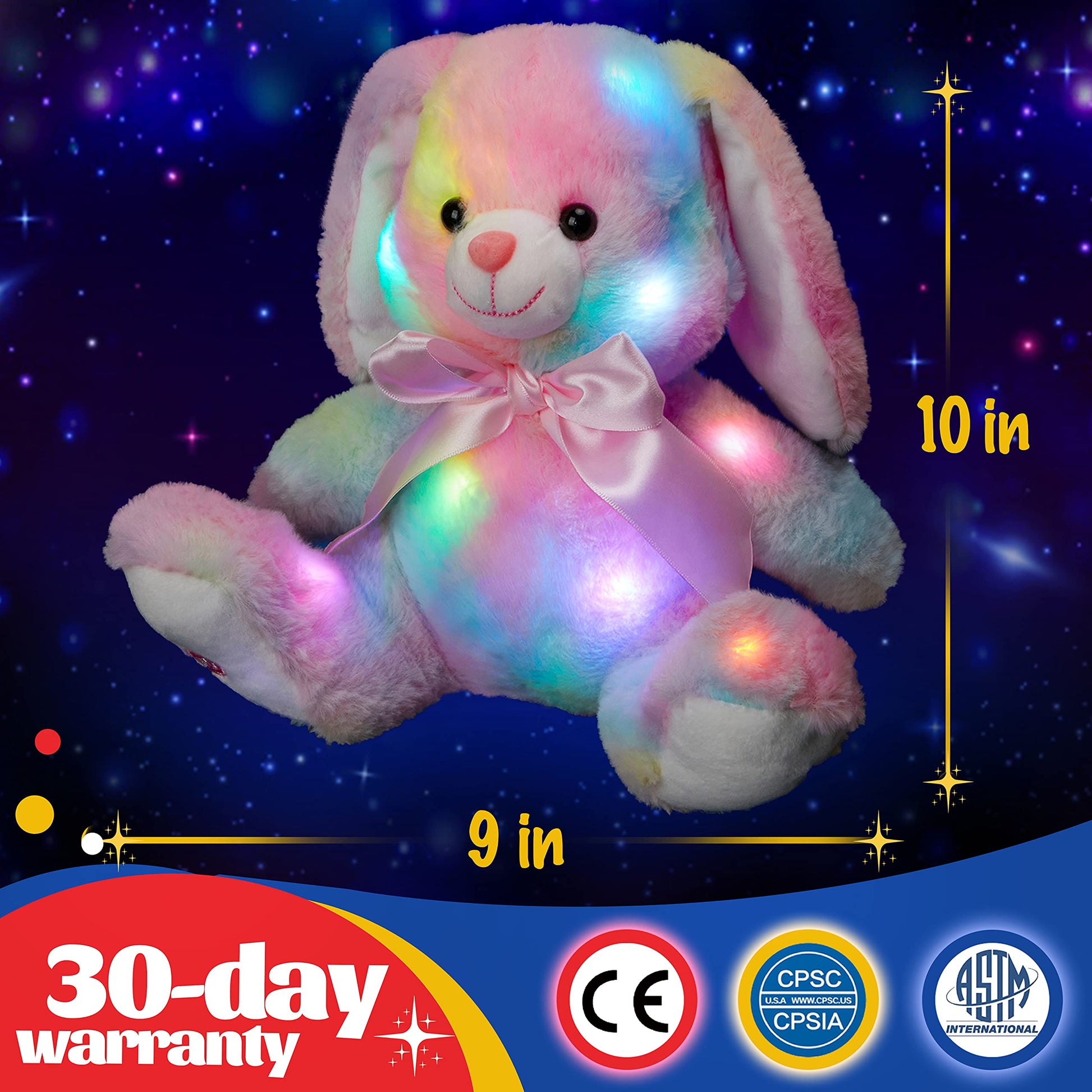 Glow Guards 10'' Easter Light up Rainbow Bunny Stuffed Animal,Soft Glowing Rabbit Plush Toy with Lop Eared Night Light,Birthday Christmas