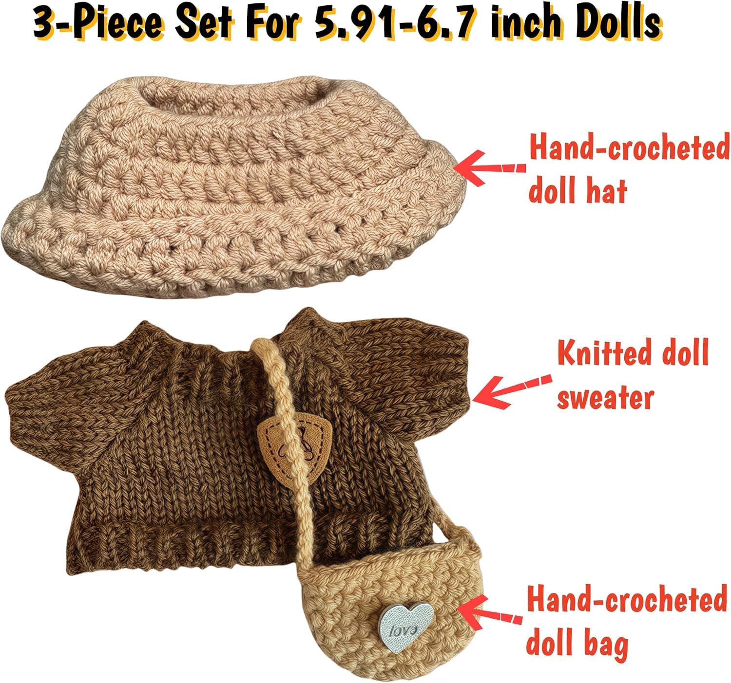3-Piece Handcrafted 17cm Doll Clothes - Compatible with 5.91-6.7inch (17cm) Dolls as Accessories, Premium Dolls Outfit with Accessories, Hand