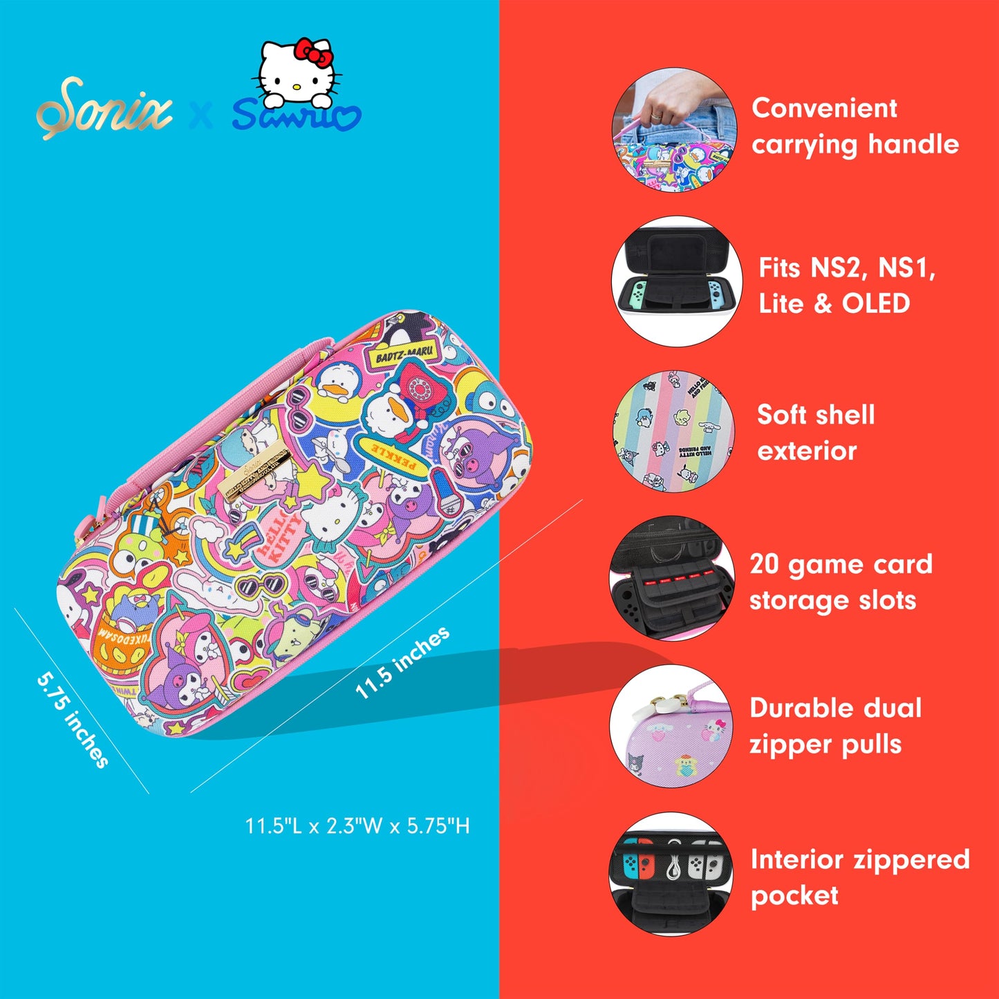 Sonix x Sanrio Carrying Case for Nintendo Switch 2, Switch 1, Lite, OLED, Protective Travel Case with Game Cartridge Storage | Hello Kitty & Friends