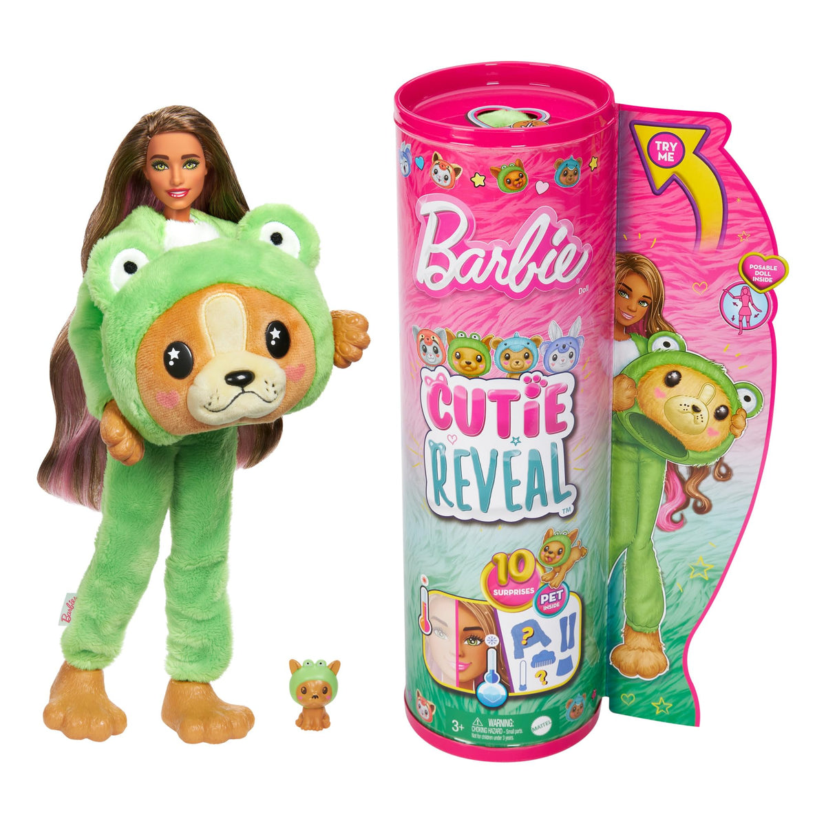 Barbie Cutie Reveal Doll & Accessories with Animal Costume & 10 Surprises Including Color Change, Puppy as Frog in Costume-Themed Series