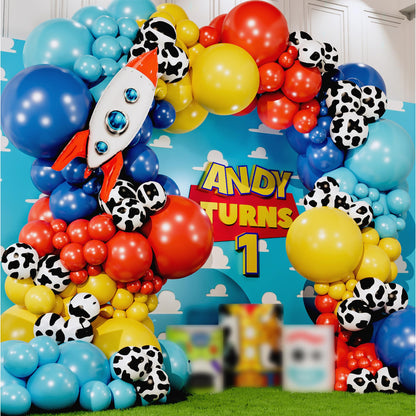 ALL-IN-1 Toy theme Inspired Balloons Garland Kit & Arch with BONUS Rocketship for Birthday Party and Baby Shower Decorations - Red Blue and Yellow