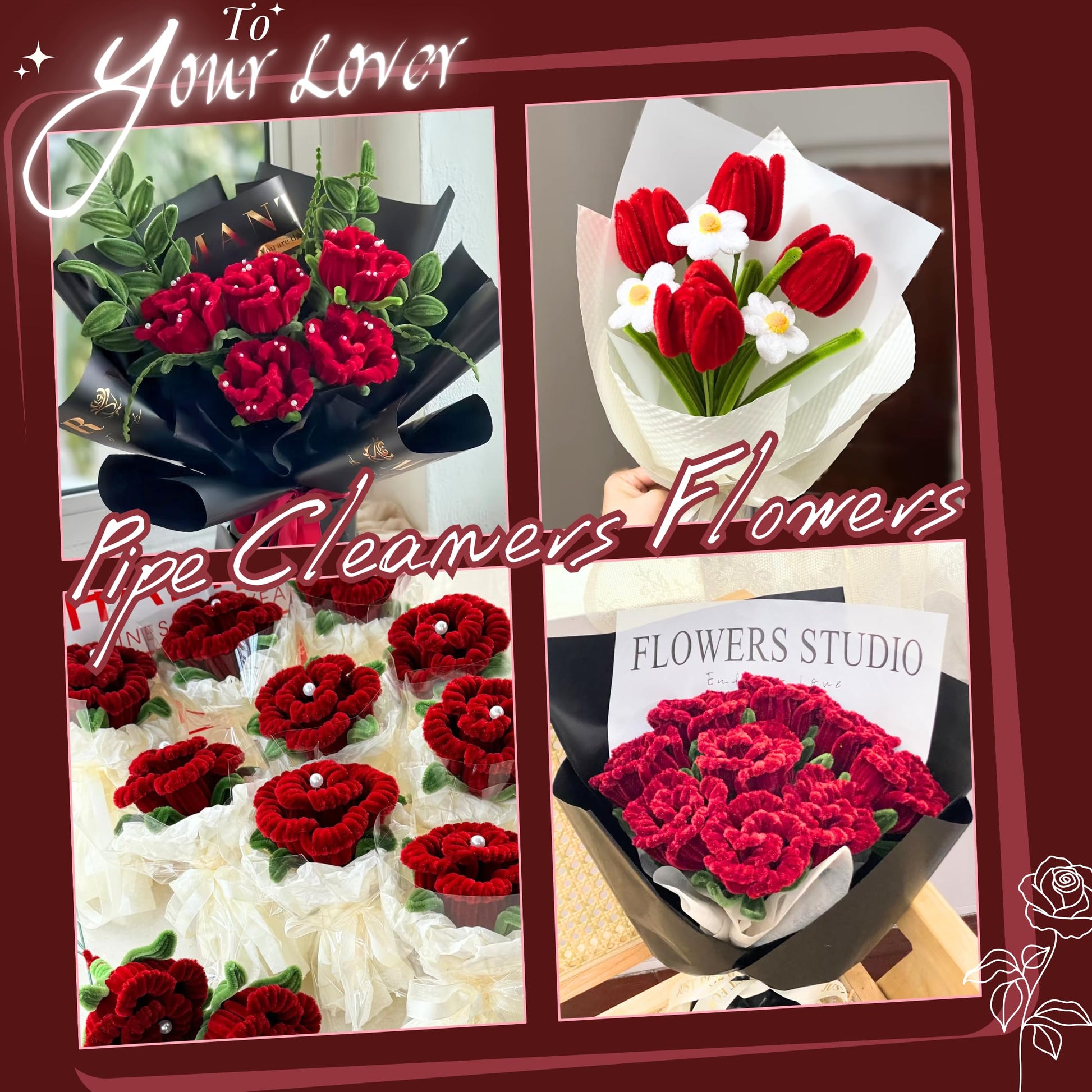 YYUENG TAK 200 pcs Red Pipe Cleaner Flowers Craft kit for DIY Rose Bouquet with tutoria,Chenille Stem Flowers Craft with 12 pcs Green Floral