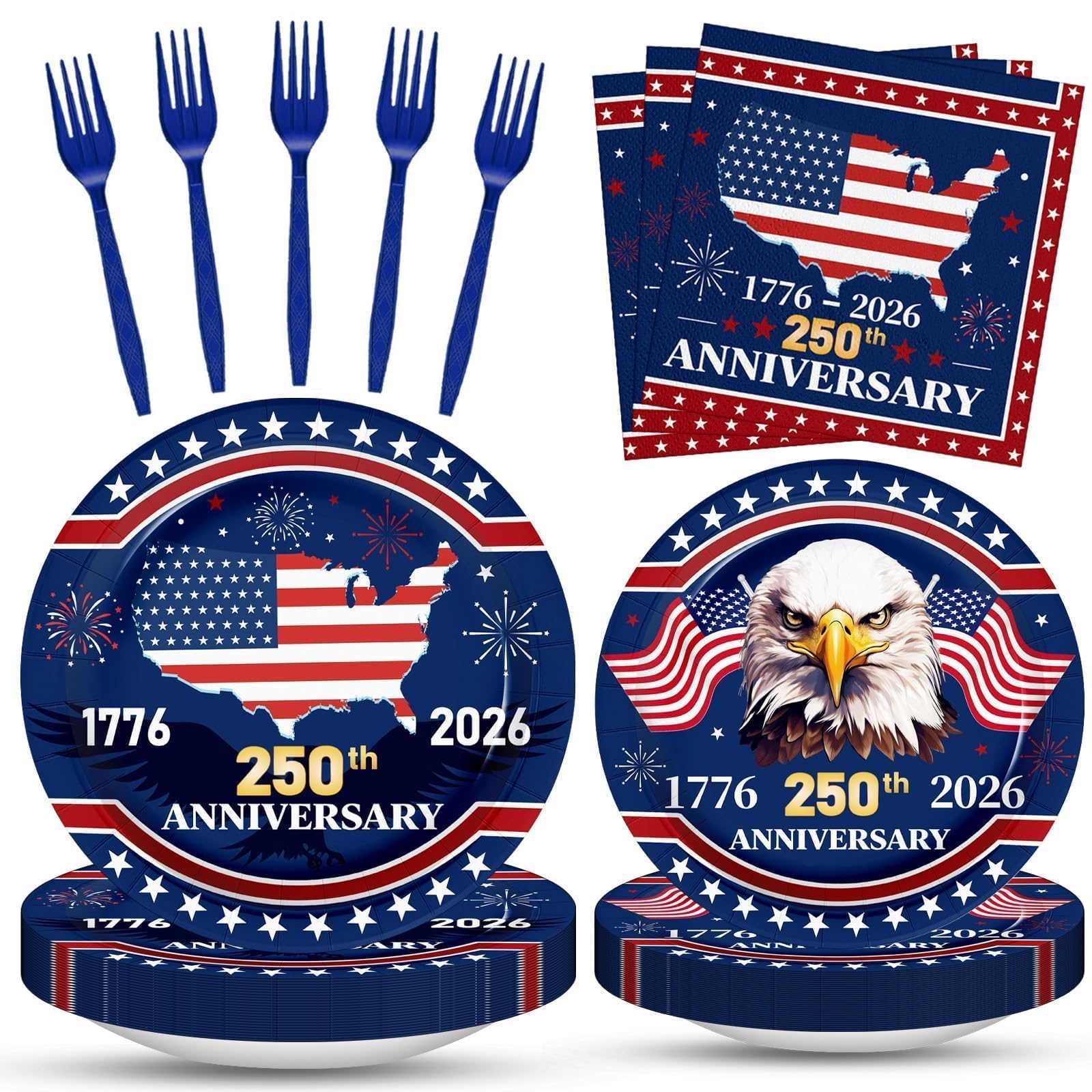 100 Pcs 250th Anniversary Party Supplies - Serves 25, Red White Blue Disposable Tableware, Includes Paper Plates, Napkins, Plastic Forks for 1776-2026