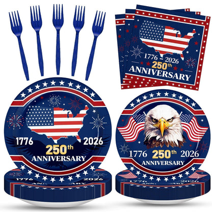 100 Pcs 250th Anniversary Party Supplies - Serves 25, Red White Blue Disposable Tableware, Includes Paper Plates, Napkins, Plastic Forks for 1776-2026