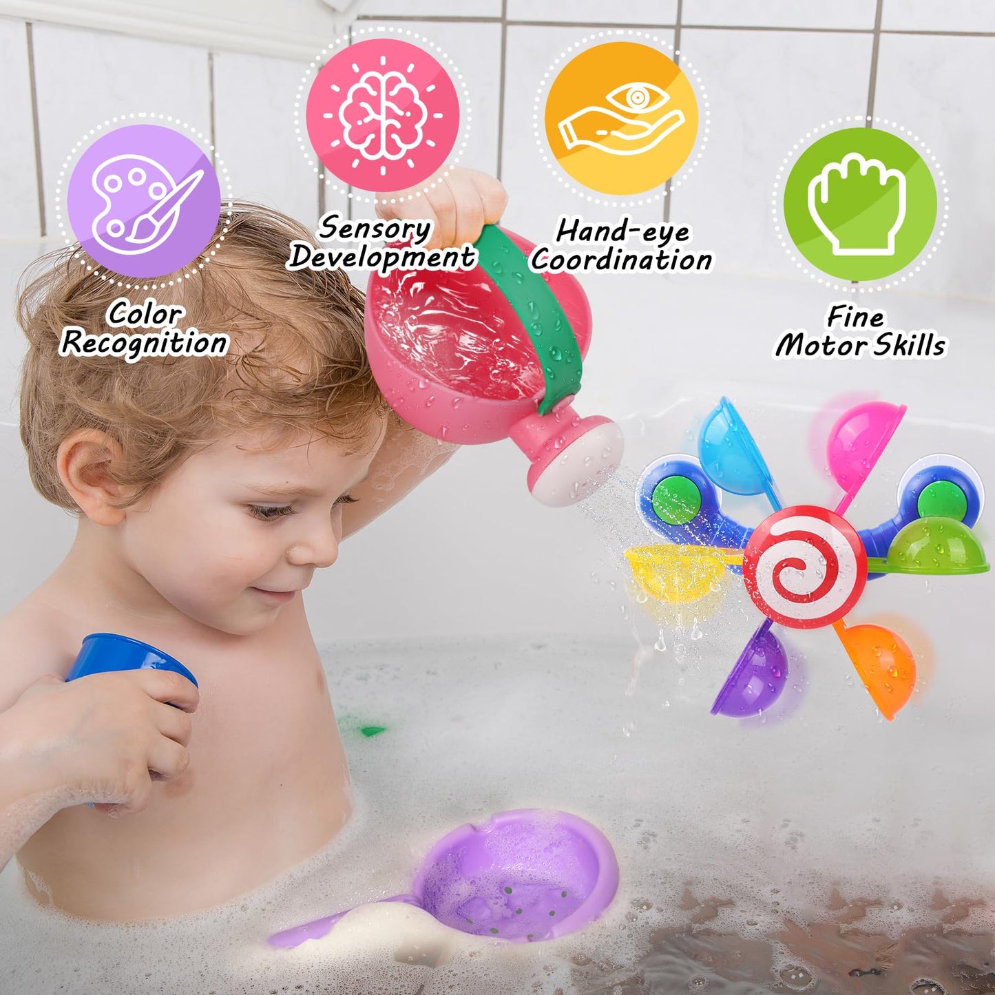 Oukitoymer Baby Bath Toy, Kids Watering Can Bathing Spoons Windmill Water Toys Set of 3, Fun Interactive Water Bathtub Toy, Beach Shower Swimming Pool