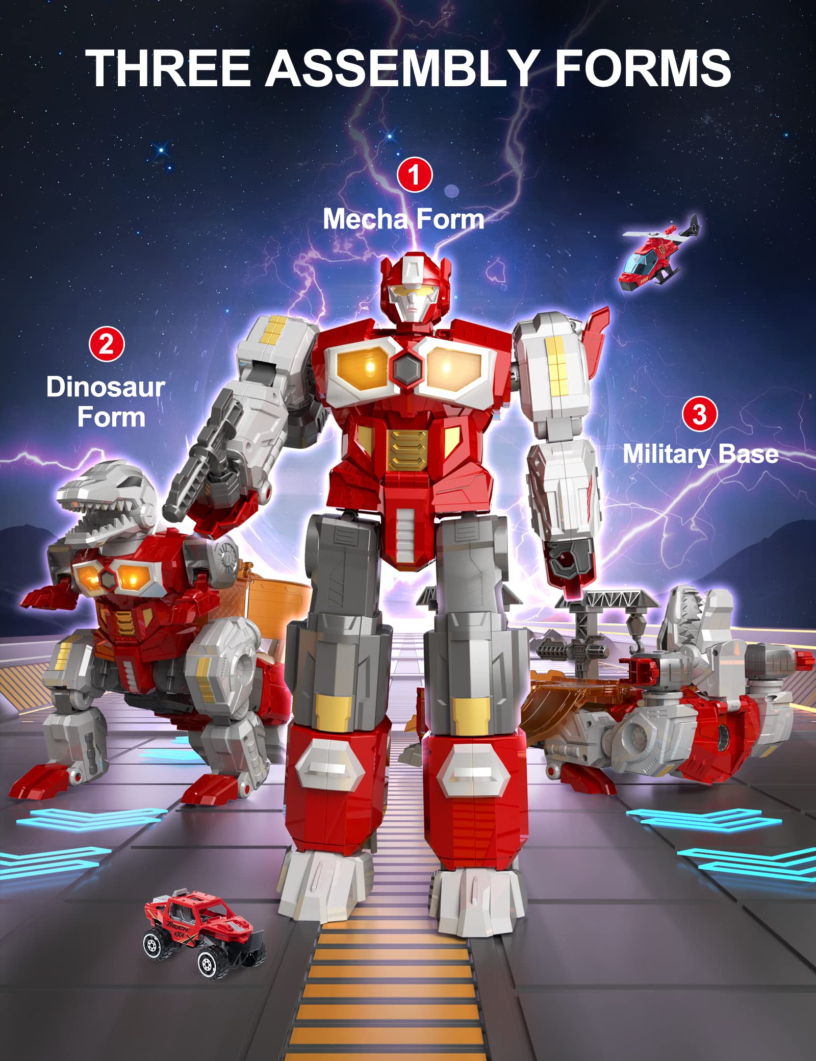 MIEBELY Magnetic Dinosaur Robot Transforming Toys, 3-in-1 Magnet-Assembling Action Figure with Lights & Sounds, Military Base Playset with Cars