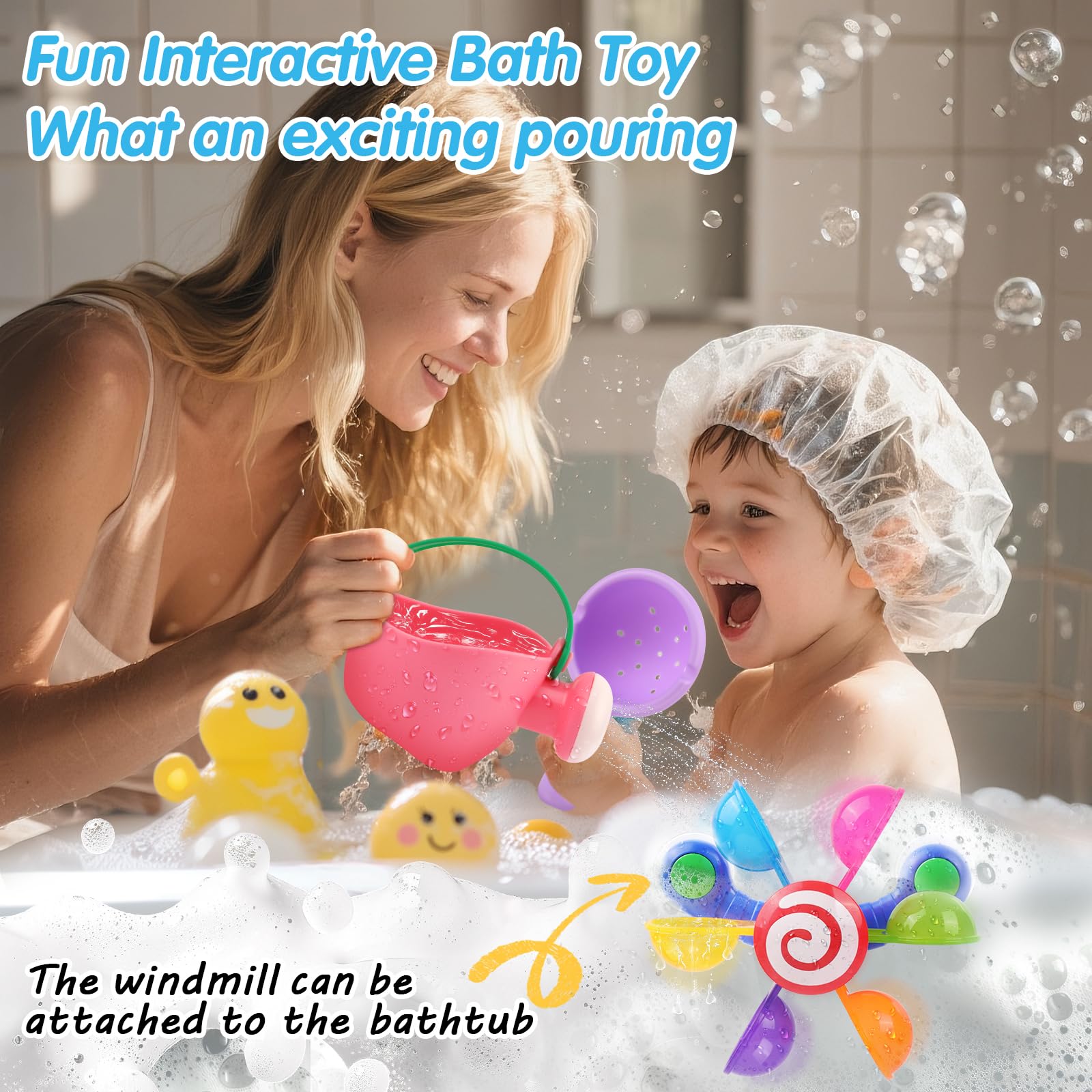 Oukitoymer Baby Bath Toy, Kids Watering Can Bathing Spoons Windmill Water Toys Set of 3, Fun Interactive Water Bathtub Toy, Beach Shower Swimming Pool