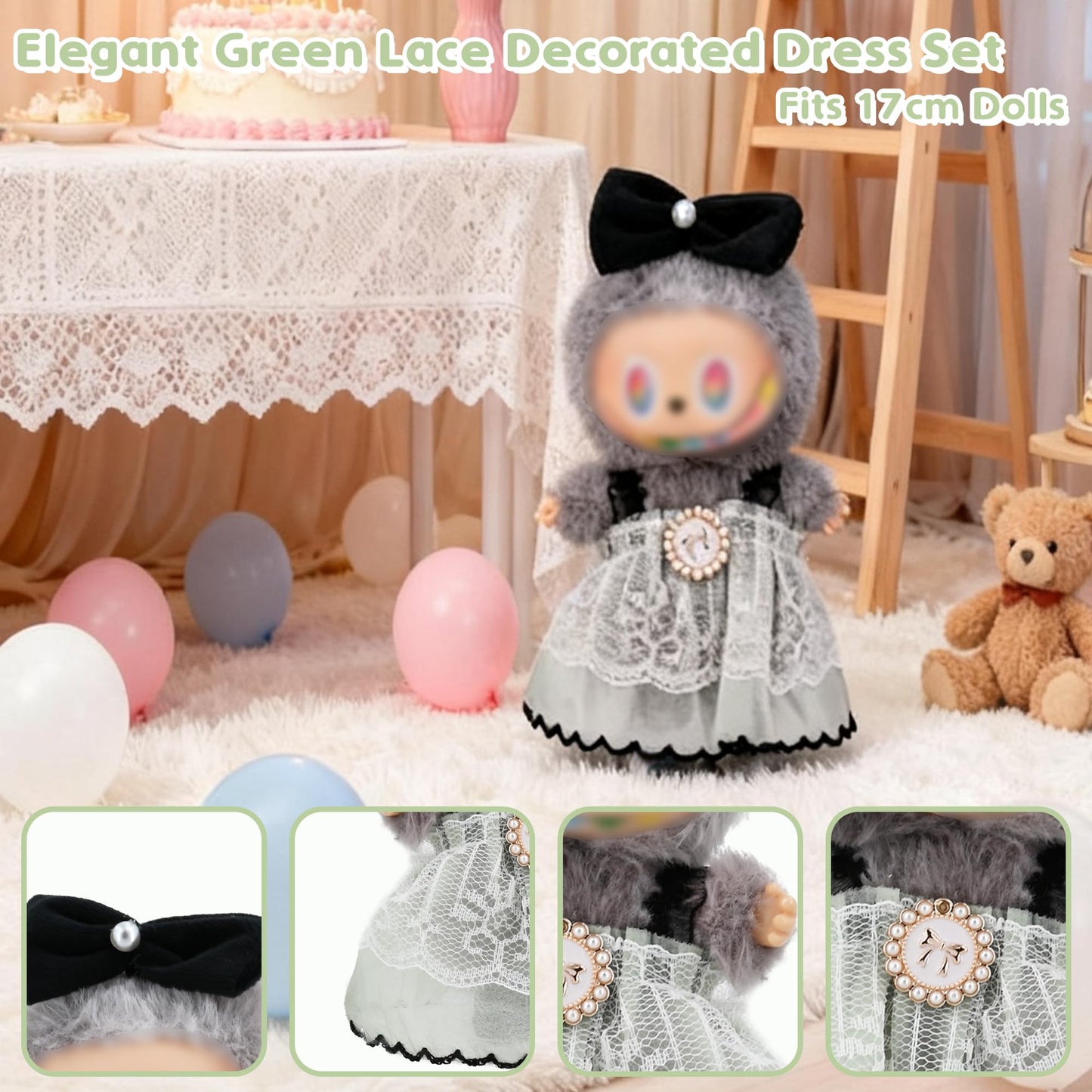 Evowatt 2-Piece Doll Outfit Set for Labubu Dolls - Hair Clip and Dress Set, Adorable Clothing Accessories for 17cm Dolls (Doll Not Included)_Green