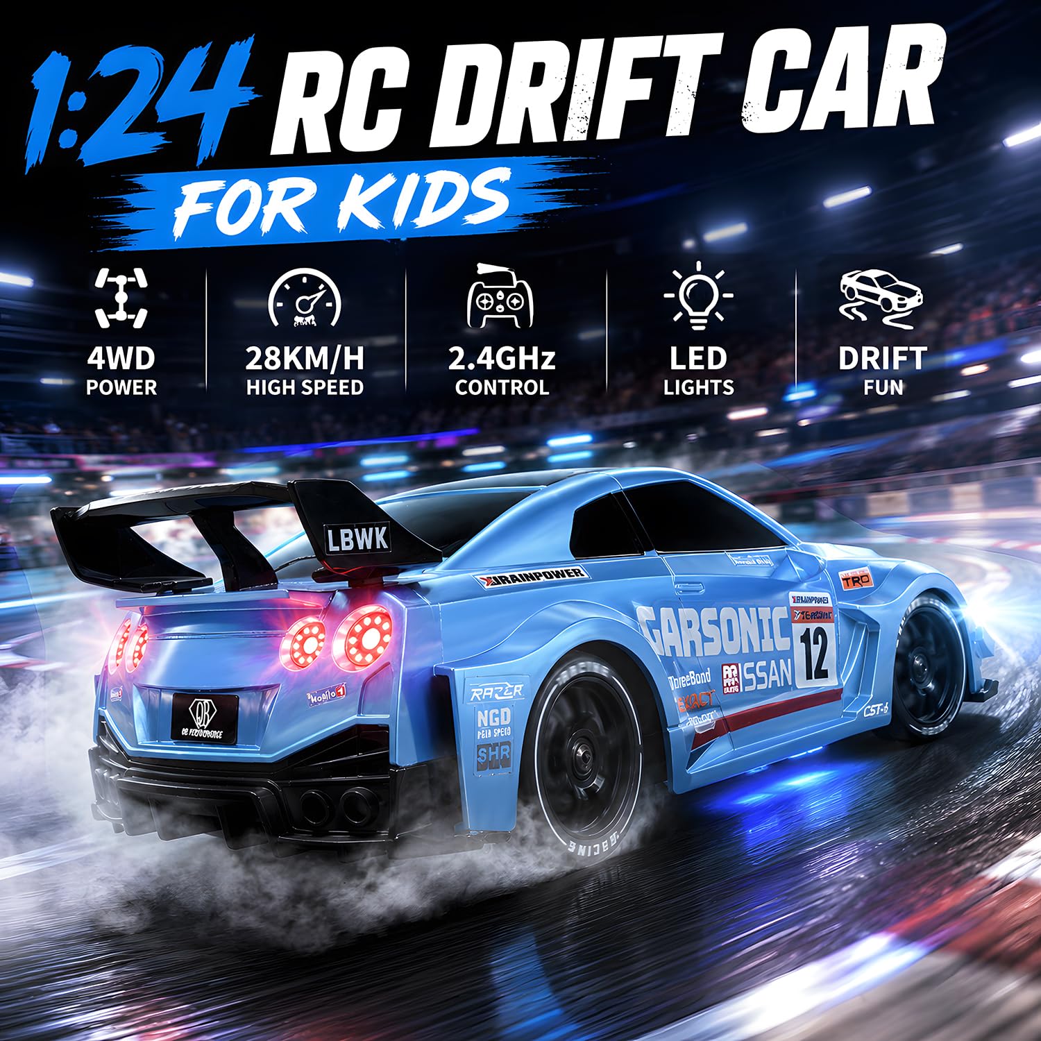 RCANGOL 1:24 RC Drift Car for Kids,4WD 2.4GHz 28KM/H High Speed Remote Control Car, Racing Sport Toy Car with LED Lights,Drifting Tires?Two Batteries