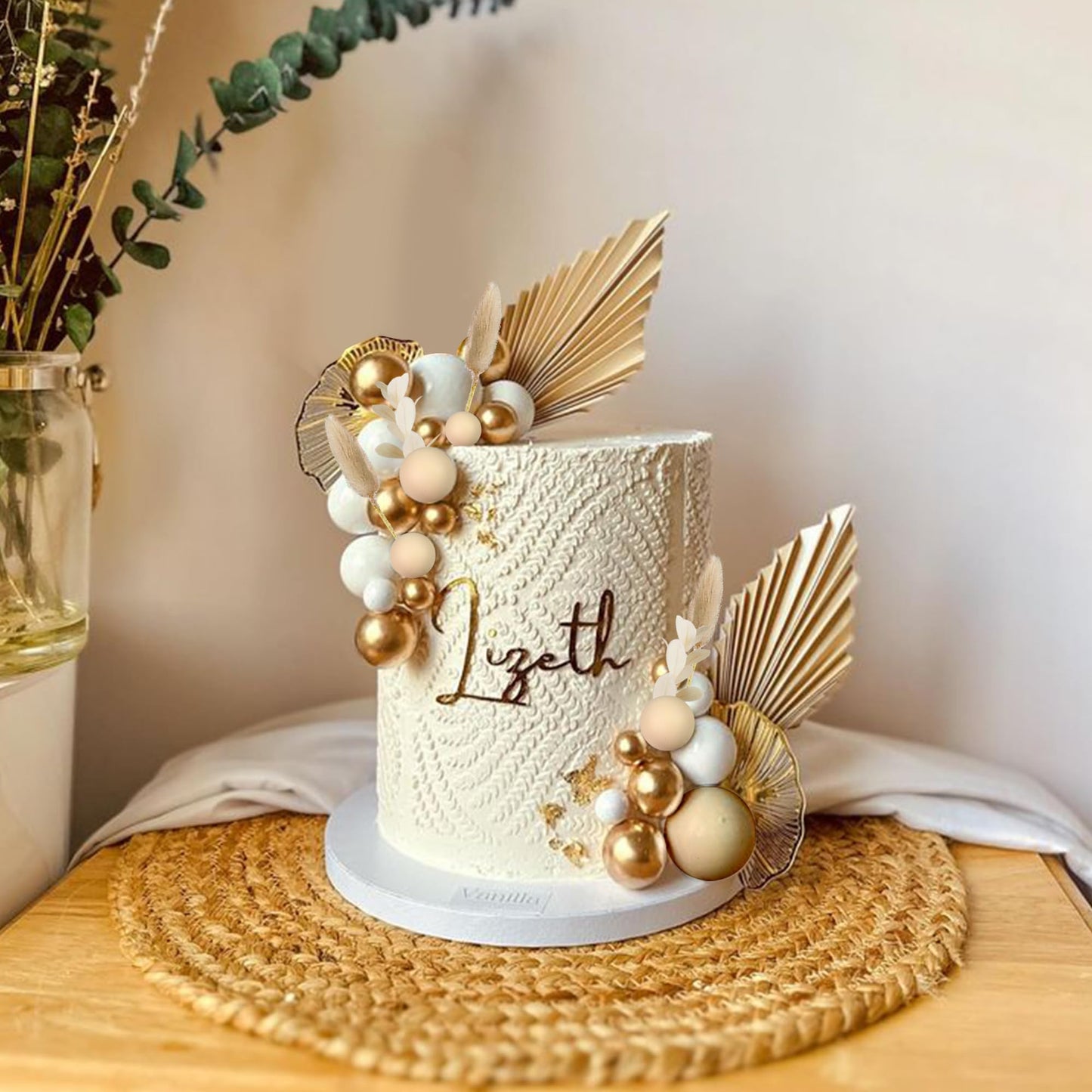 Boho Cake Topper Golden Ginkgo Leaves Cake Decorations for Wedding Birthday (Khaki)