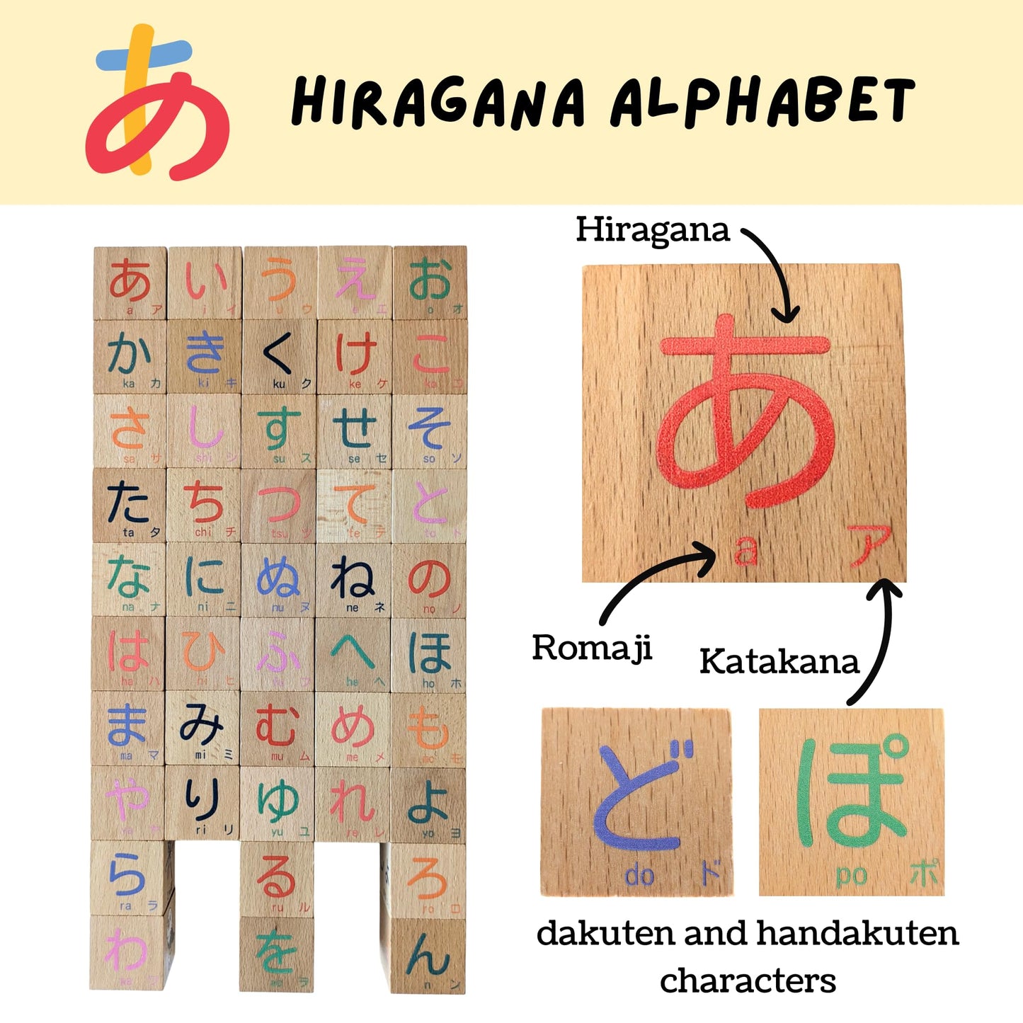 Tot Dojo Japanese Wooden Block Set (46 pcs) for Toddlers & Kids - Hiragana, Katakana, Kanji, Romaji - Animals, Numbers, Colors, Foods, Shapes - Solid