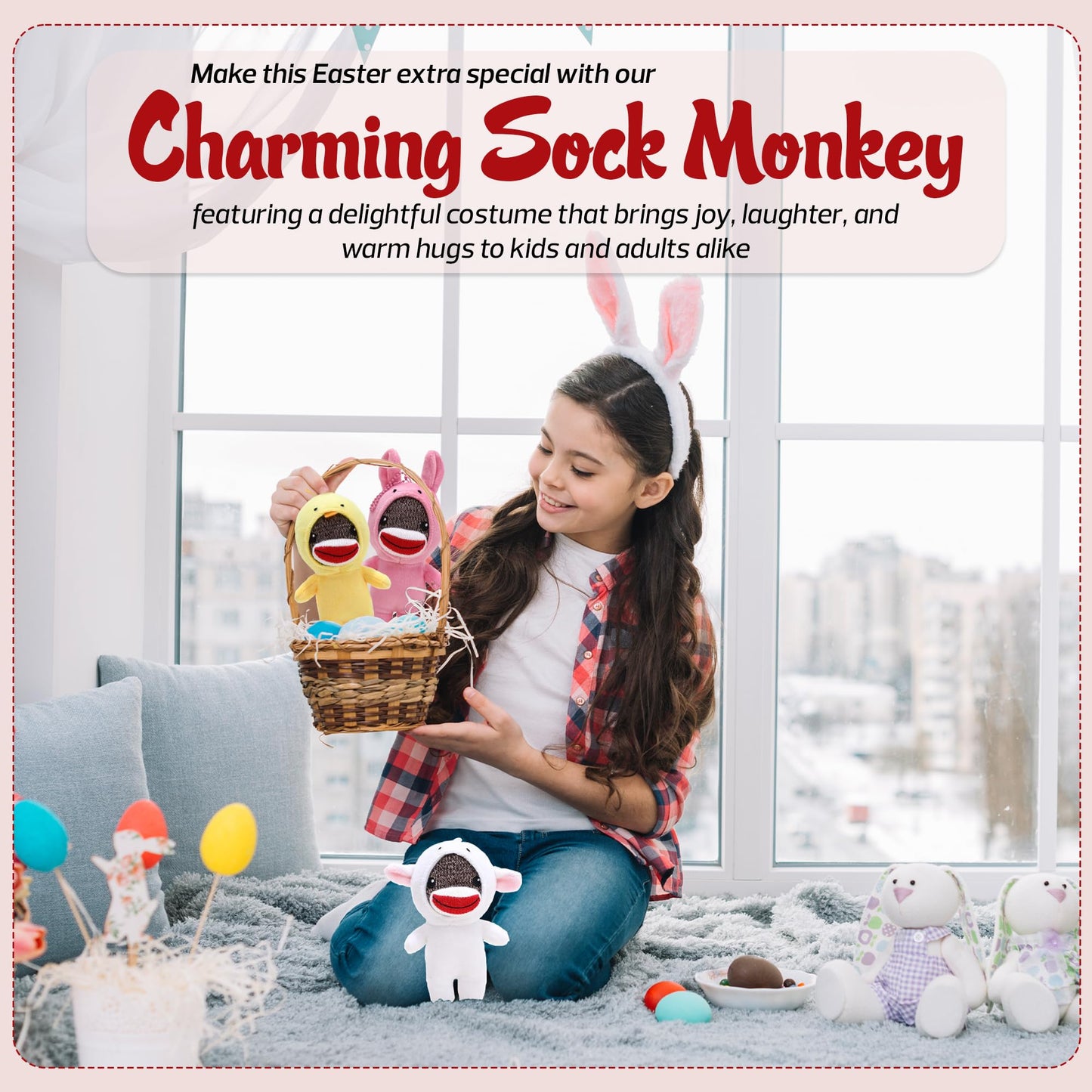 Made By Aliens Adorable 6 inch Easter Sock Monkey Plush Toy Sheep Costume - Soft Stuffed Animal for Kids & Collectors for Birthdays, Holidays, Springs