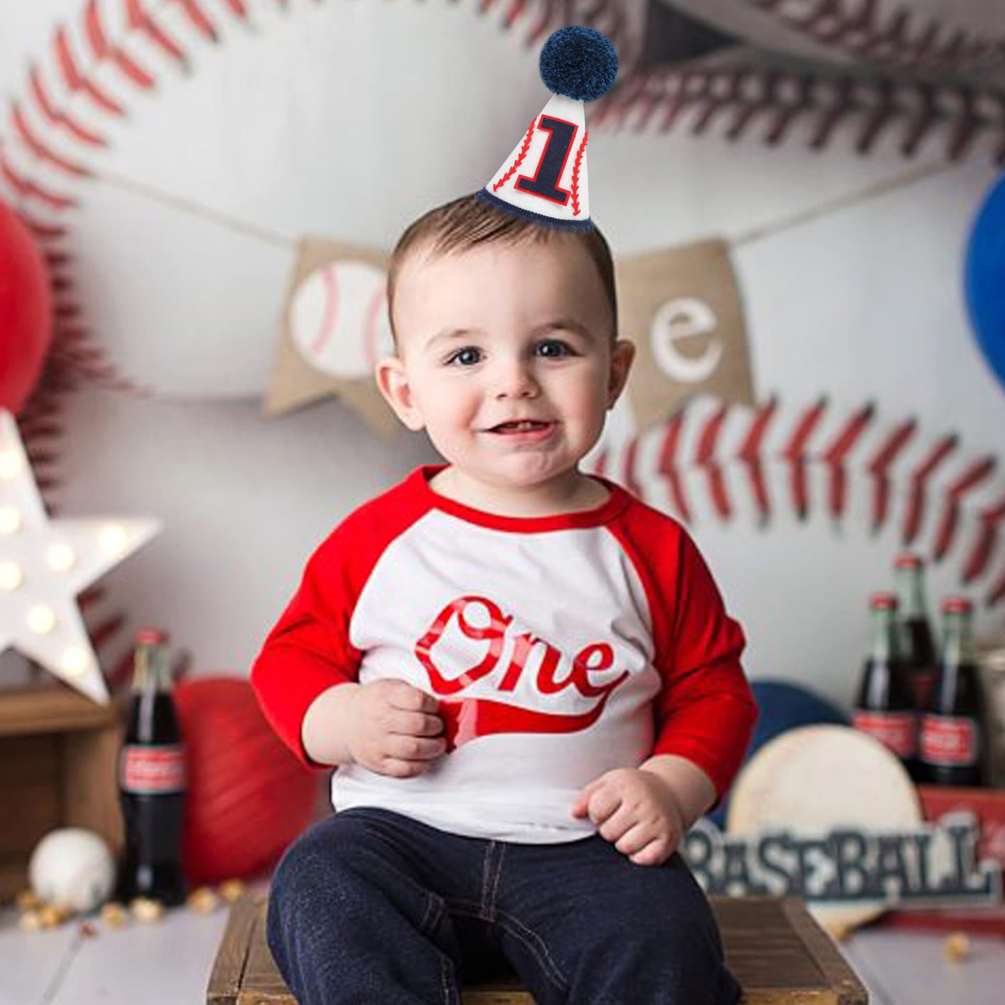 Agvgaza Baseball 1st Birthday Hat - Blue Cone Hat for Boy,Baseball Themed First Birthday Decoration, Photo Outfit One Party Theme Supplies,Sports