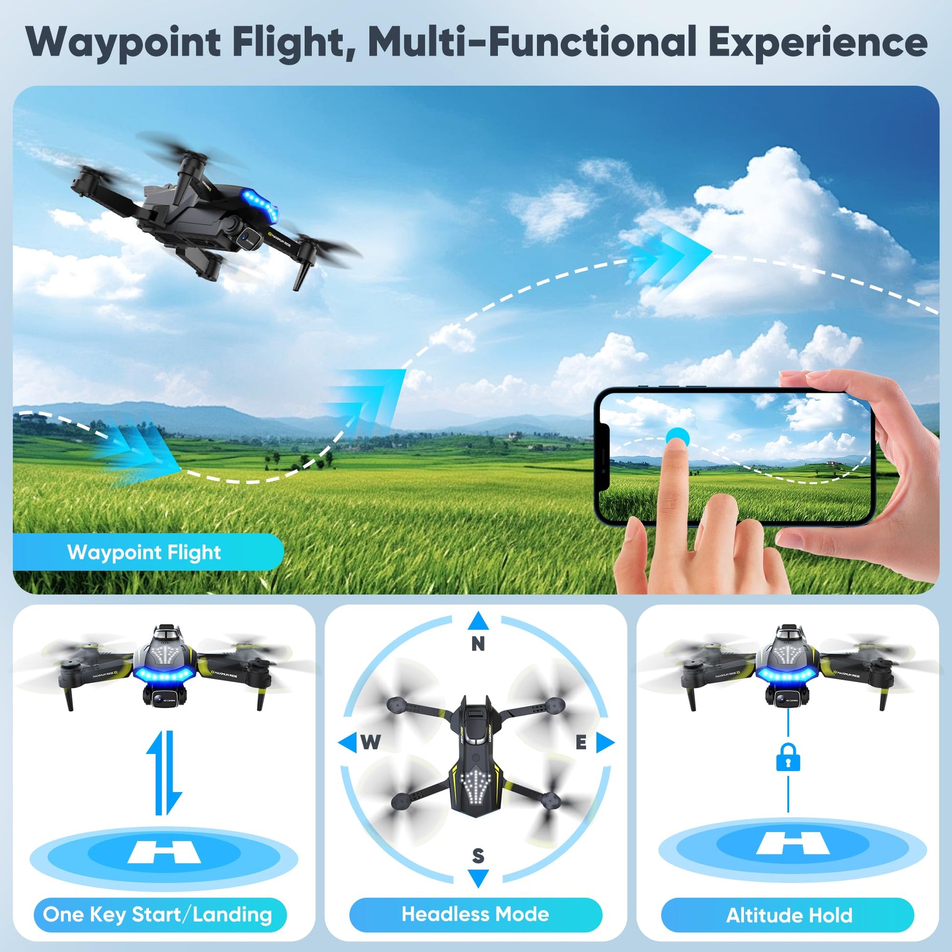 Flymevac Drone with Camera, Dual 720HD, Drone for Kids with Cool Lights, Gestures Control, Vertical Shooting, Waypoint Flight, Gravity Control, 3D