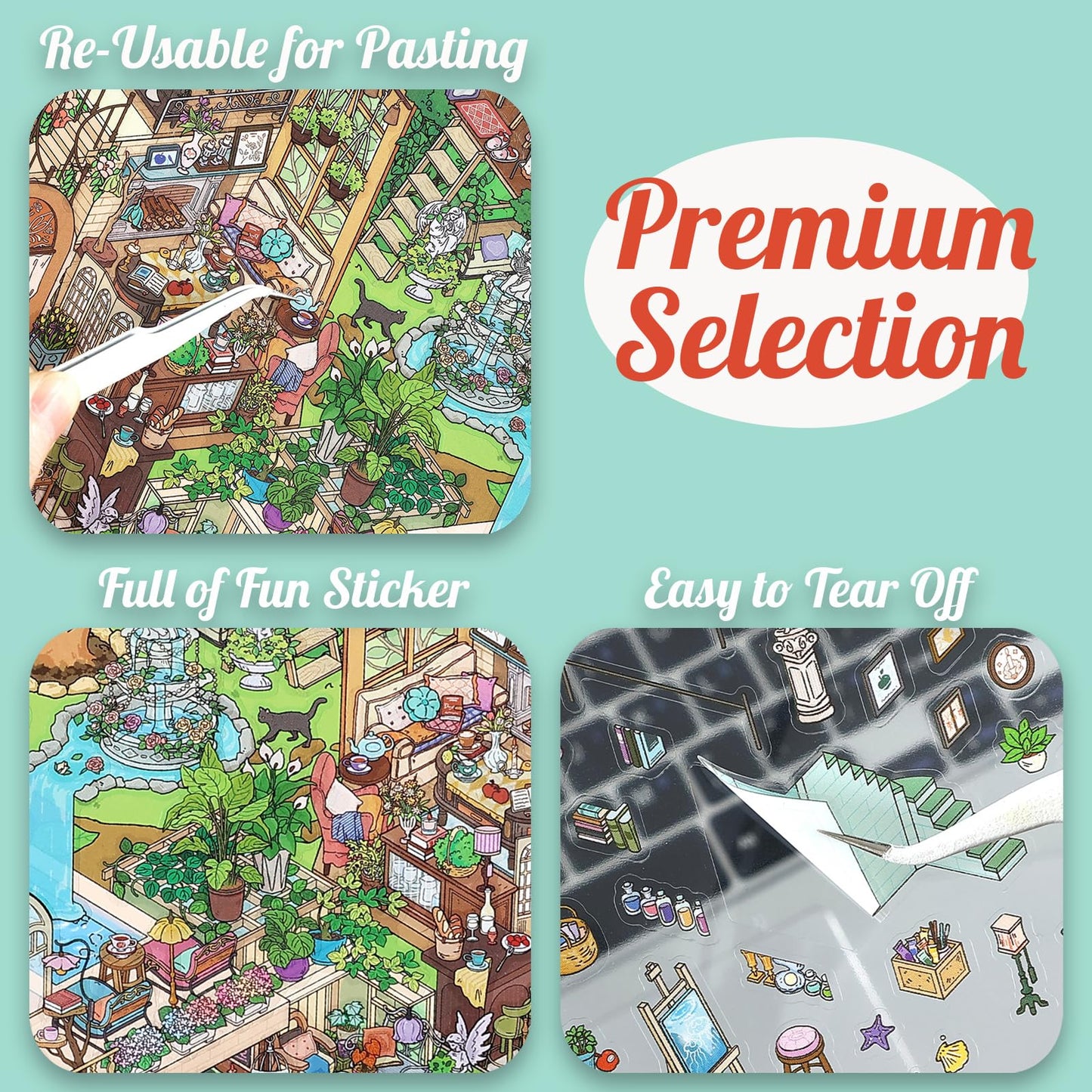 Extra Large Villa Scene Sticker Set, 2 Super Complex House & Room Isometric Miniature Creative Play Kits Include Big Size Background Card with 3D DIY