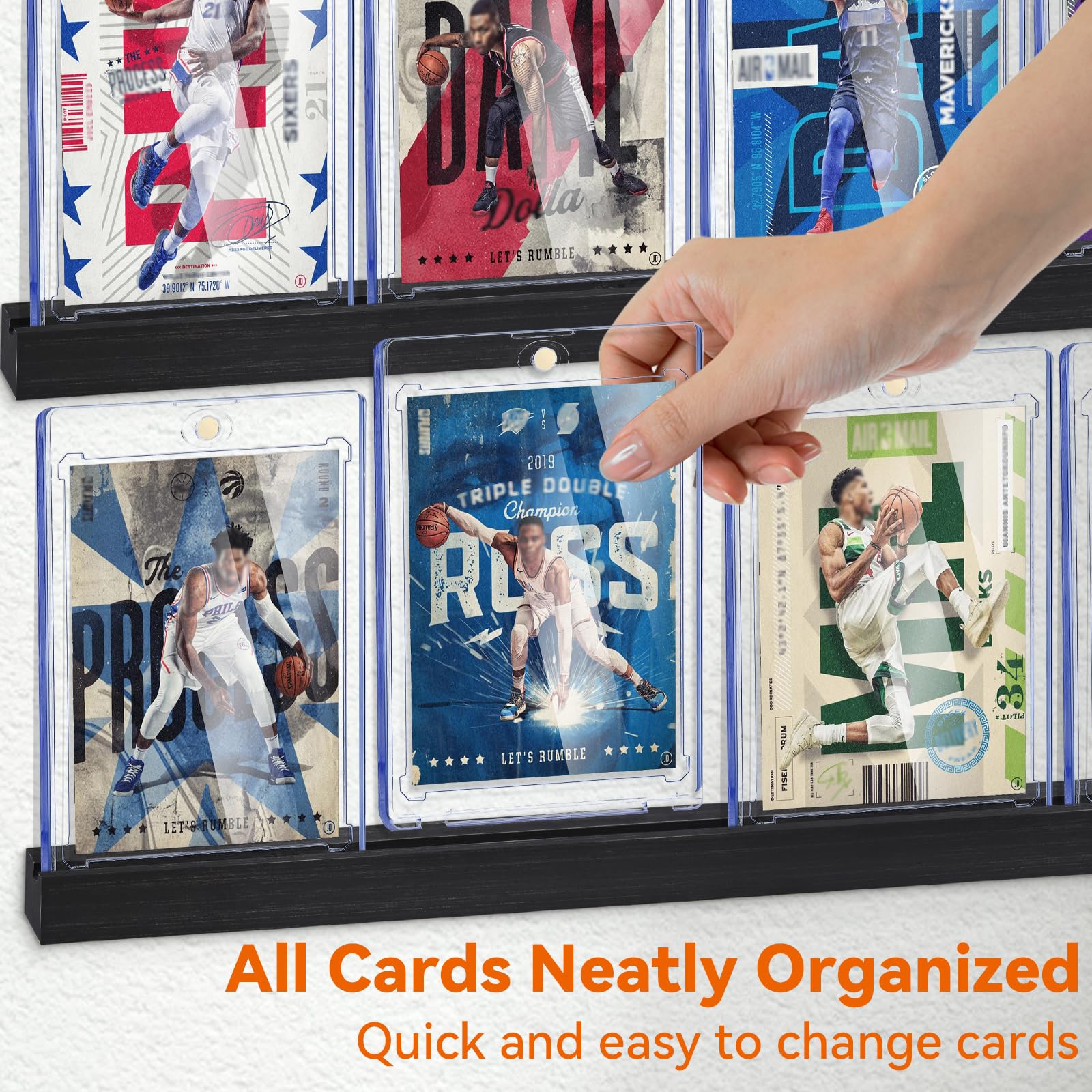 Famaster Sports Card Display Shelf for Wall, Holds 30 Trading Cards, 6PCS Wooden Card Holder for Baseball, Football, Basketball, and Graded Card