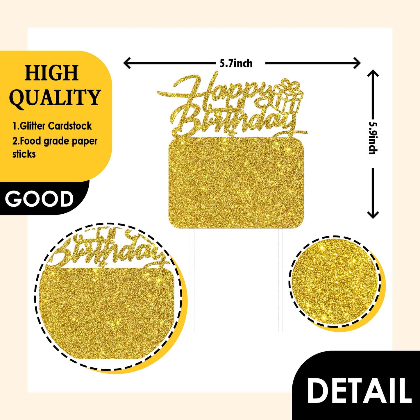Happy Birthday Cake Topper with Photo Frame, Girl Boy Woman Man Birthday Photo Picture Cake Topper, Anniversary Party Cake Decorations Gold Glitter